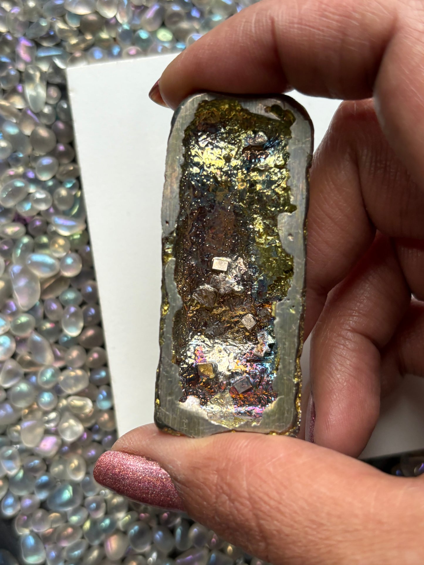 Gold Bismuth Crystal Moai Head Easter Island Metal Art Sculpture