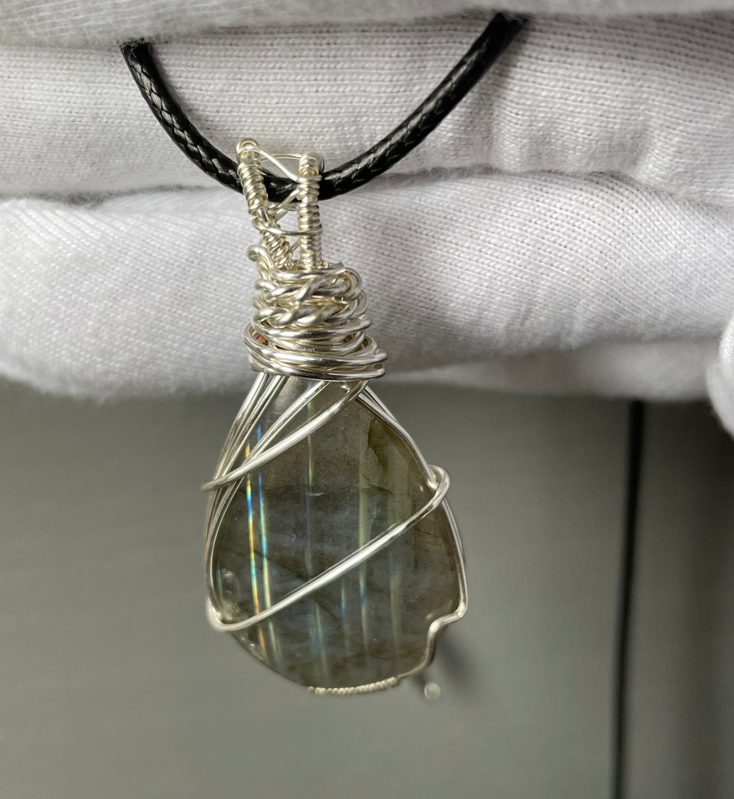 Gold Blue Labradorite Crystal Gemstone Silver Wire Necklace