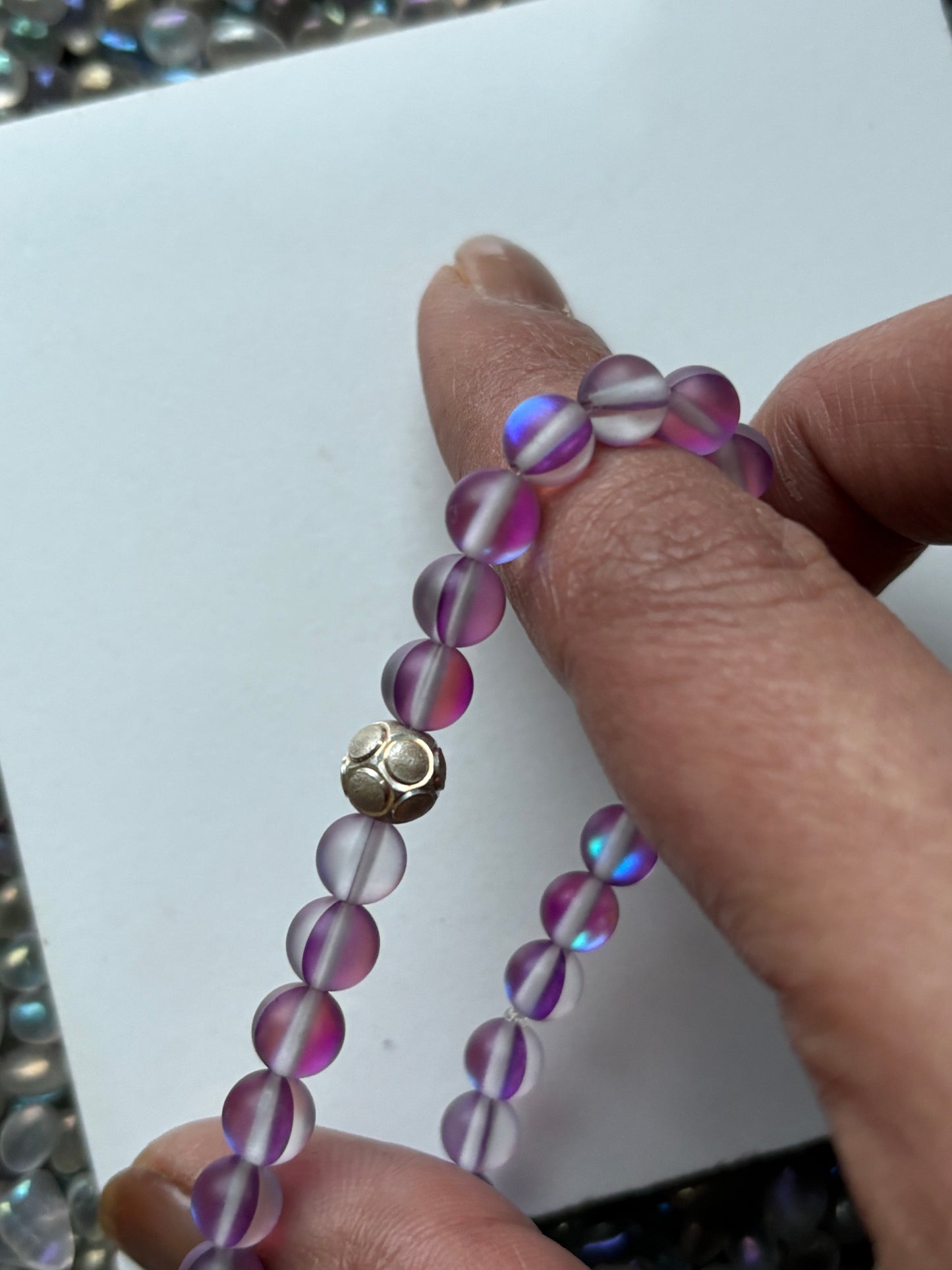 Frosted Purple Aura Quartz Crystal Gemstone Stretch Bracelet Sterling Silver