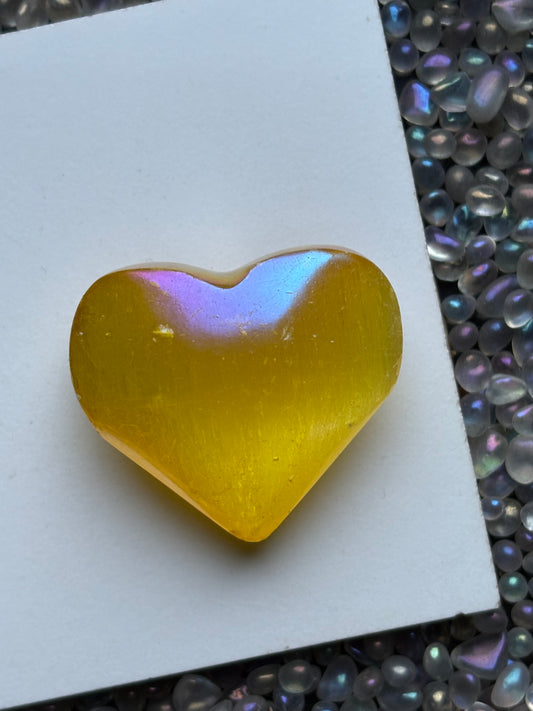 Yellow Aura Coated Selenite Satin Spar Crystal Gemstone Heart Carving