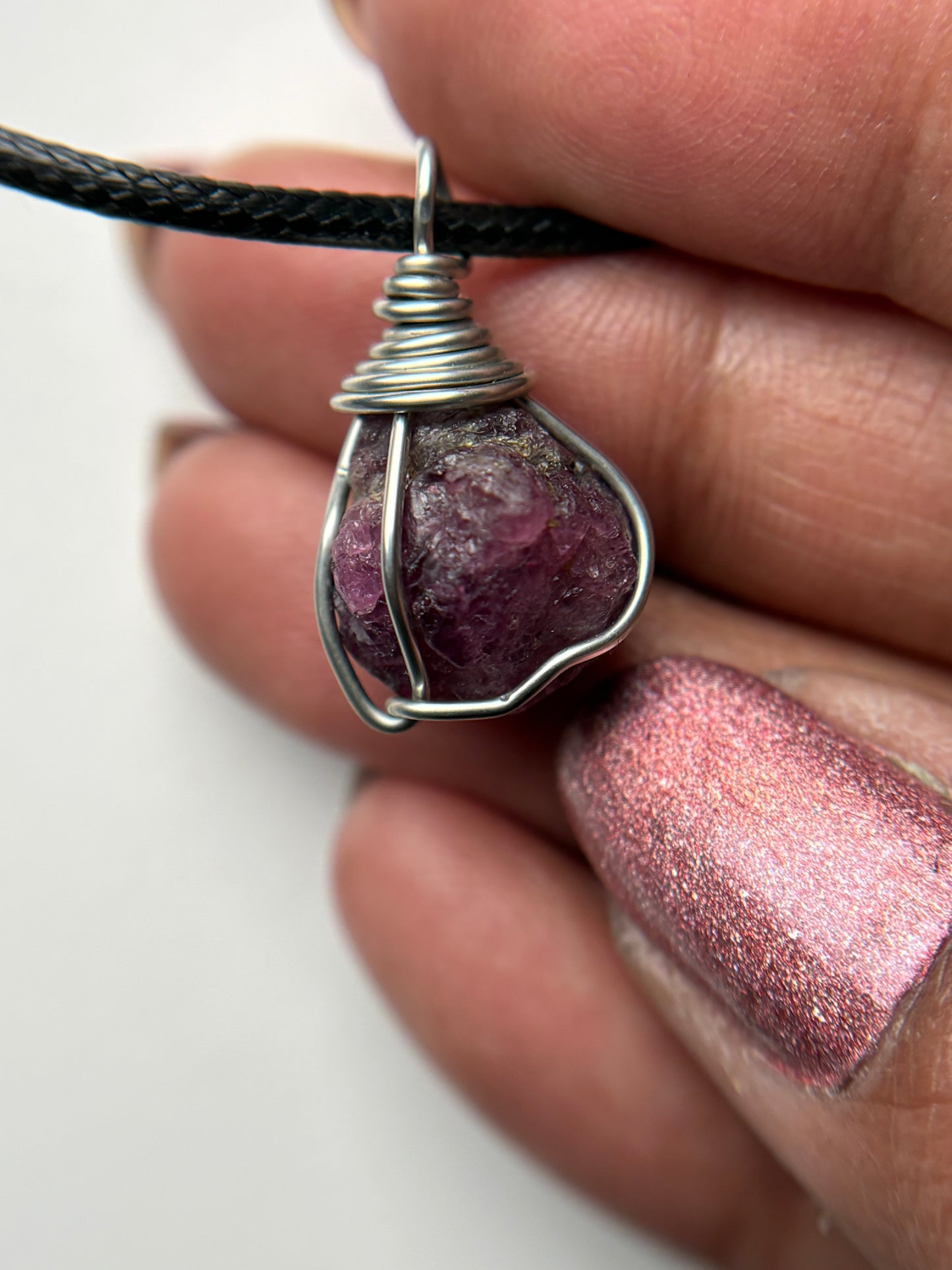 Ruby Rough Gemstone Crystal Wire Wrap Silver Necklace