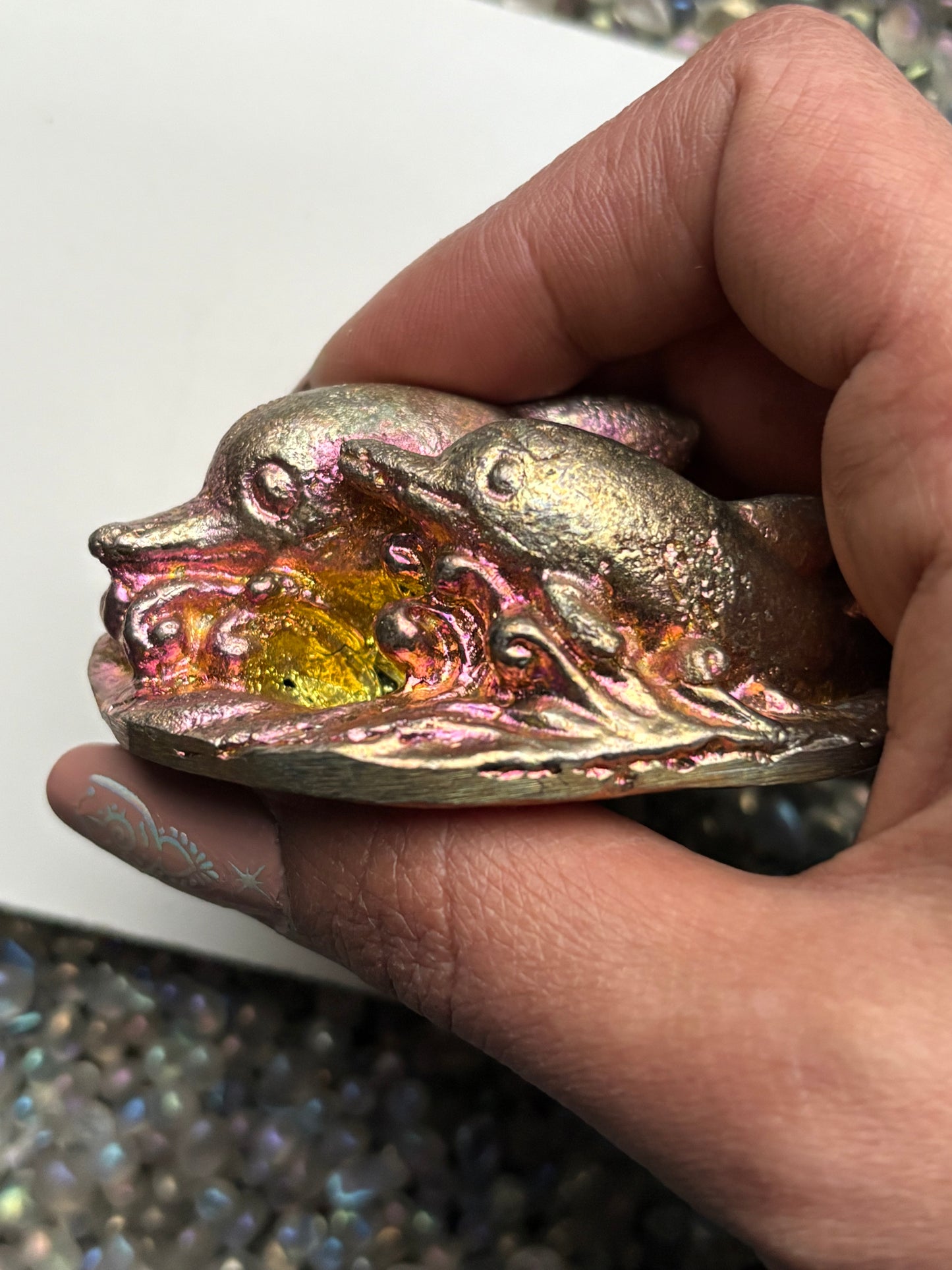 Gold Pink Bismuth Crystal Dolphin Pair Metal Art Sculpture
