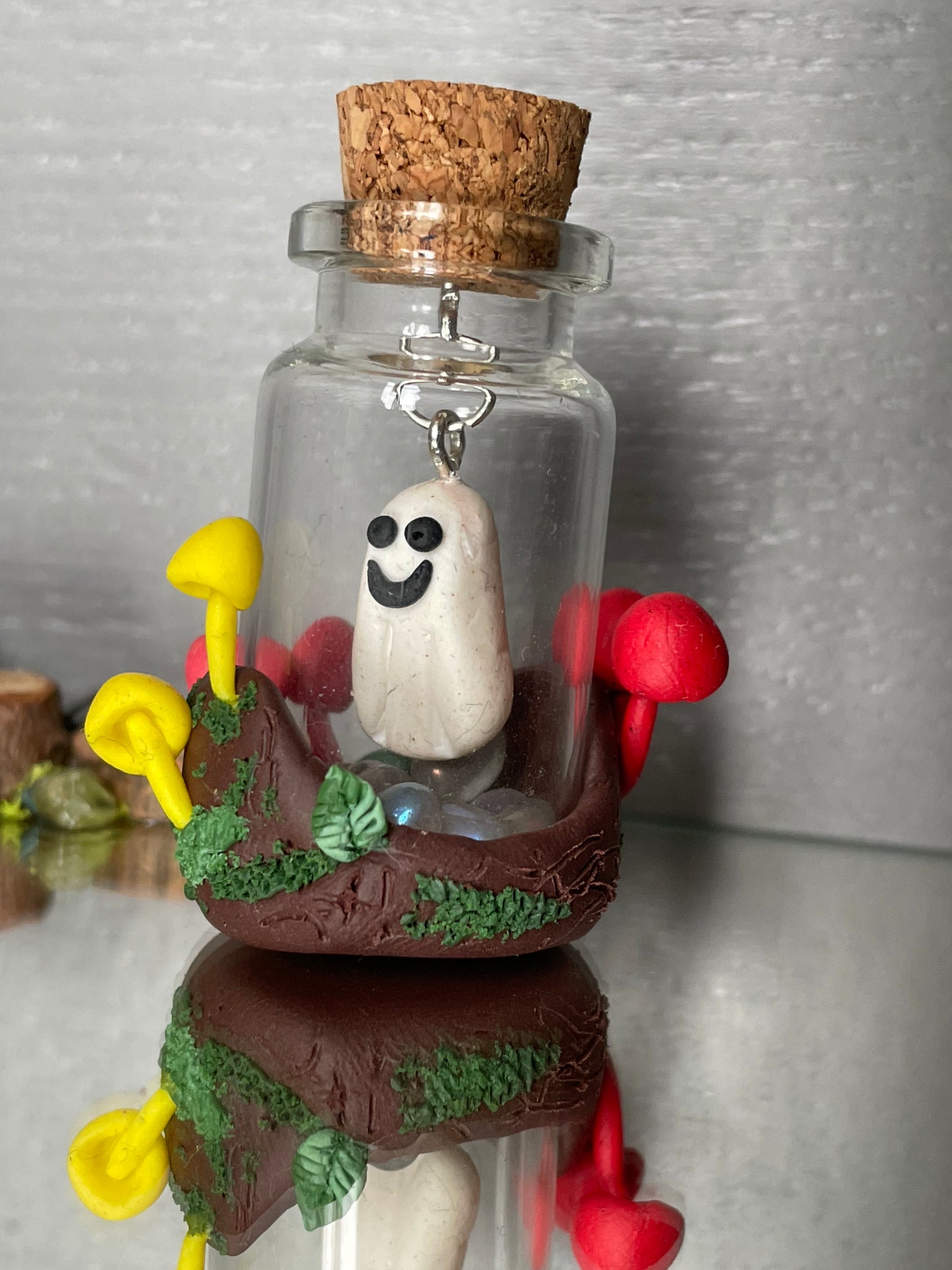 Happy Ghost In Mushroom Garden Clay Glass Vial Art