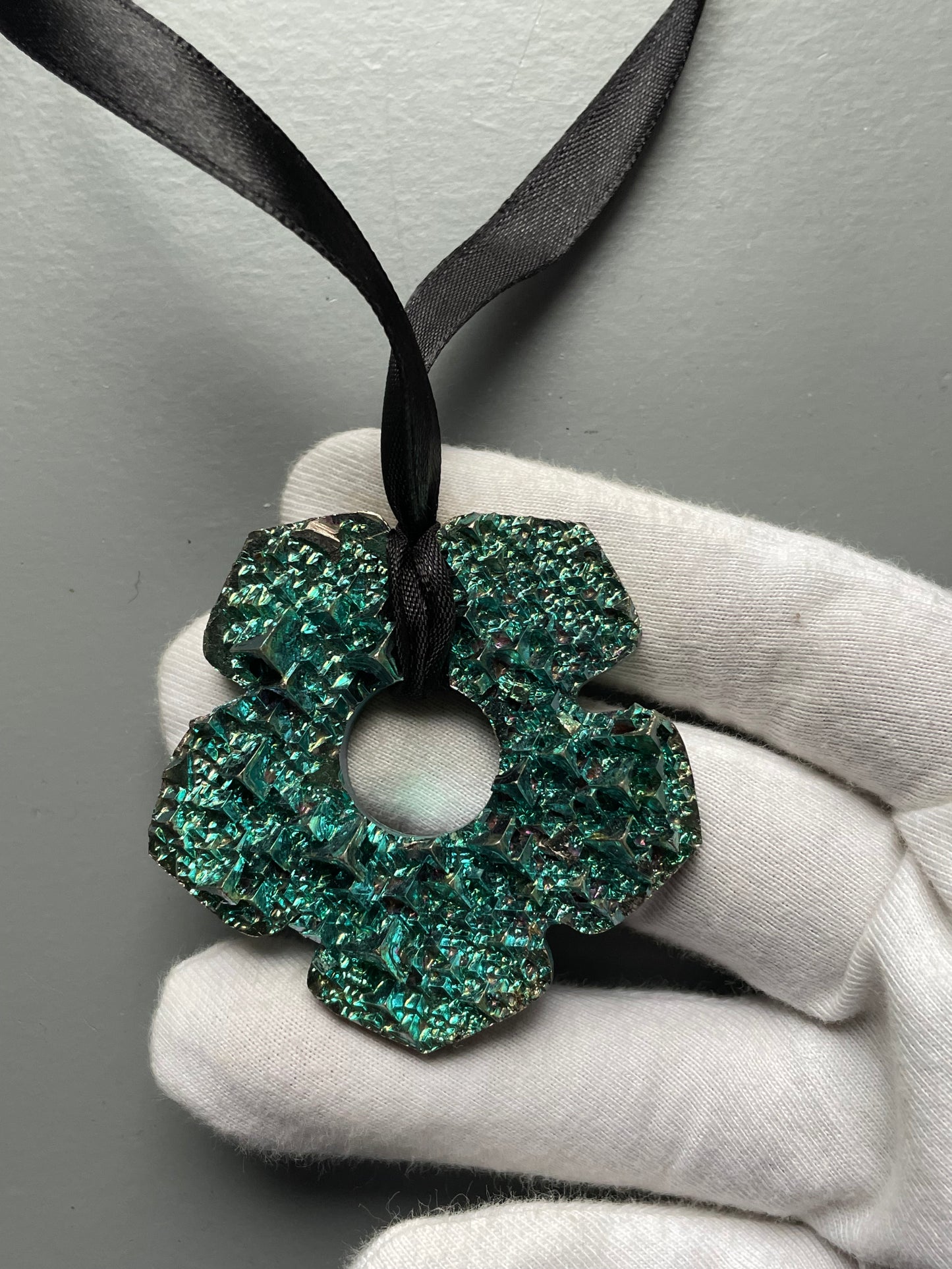 Teal Blue Bismuth Crystal Oversized Hippie Flower Cut Out Wall Hanging