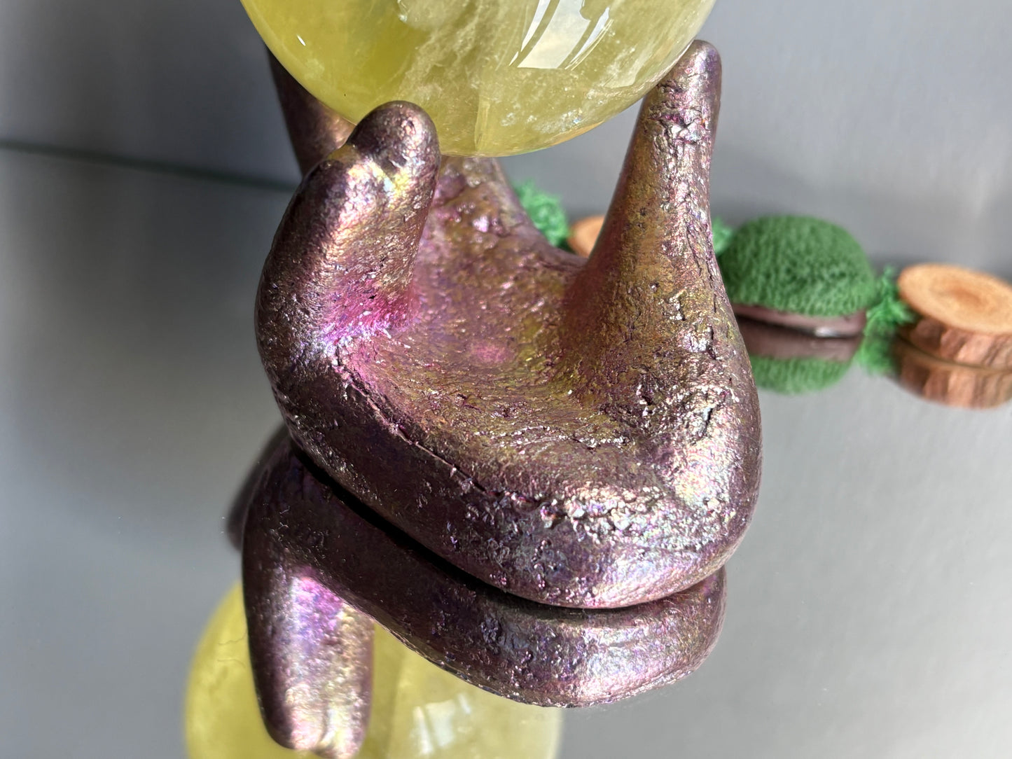 Pink Bismuth Crystal Hand Sphere Holder Metal Art Sculpture