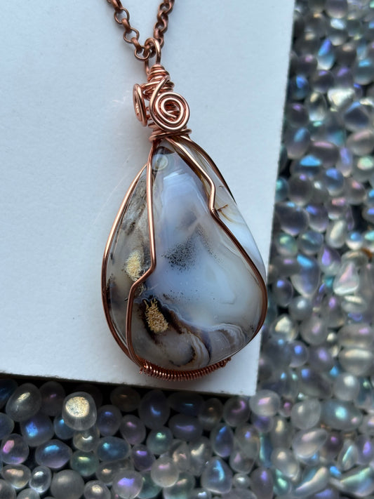 Botswana Dendritic Agate Crystal Gemstone Wire Wrapped Copper Necklace