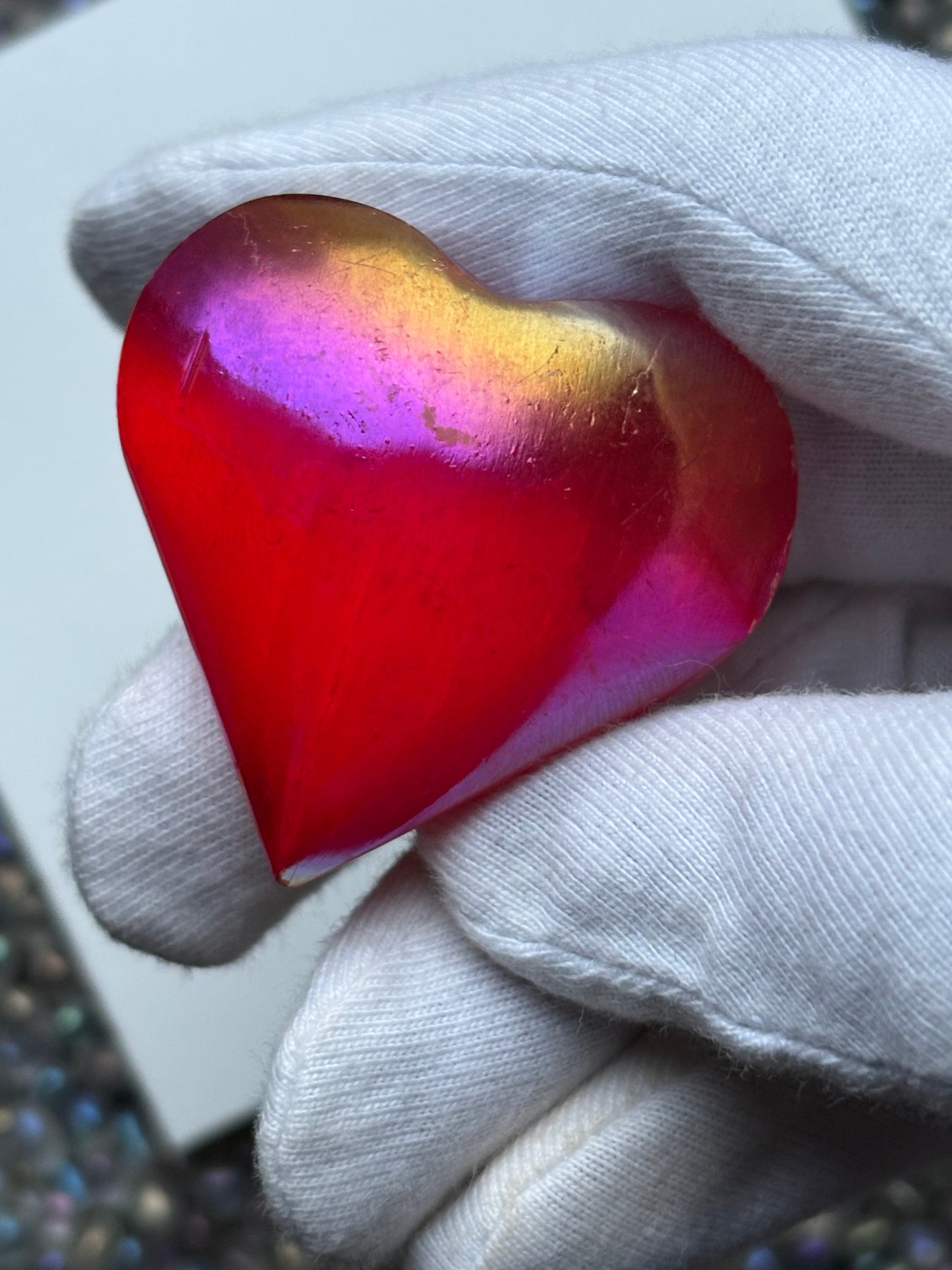 Red Aura Coated Selenite Satin Spar Crystal Gemstone Heart Carving