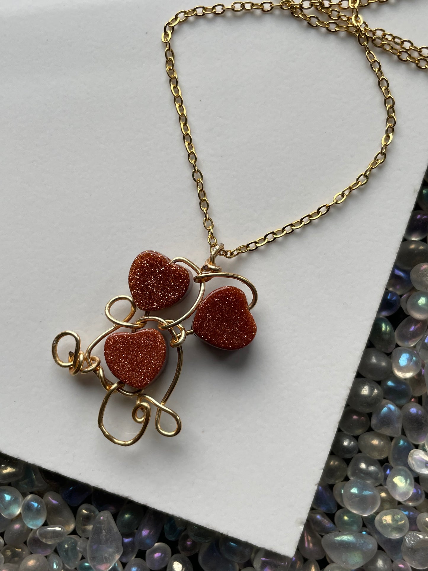 Goldstone Crystal Gemstone Heart Wire Gold Necklace