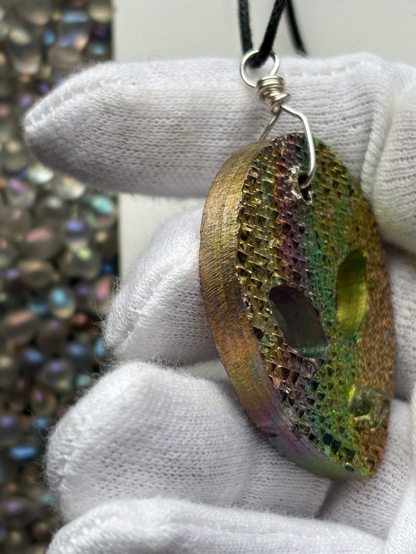 Alien Rainbow Bismuth Crystal Cut Out Metal Art Cord Necklace