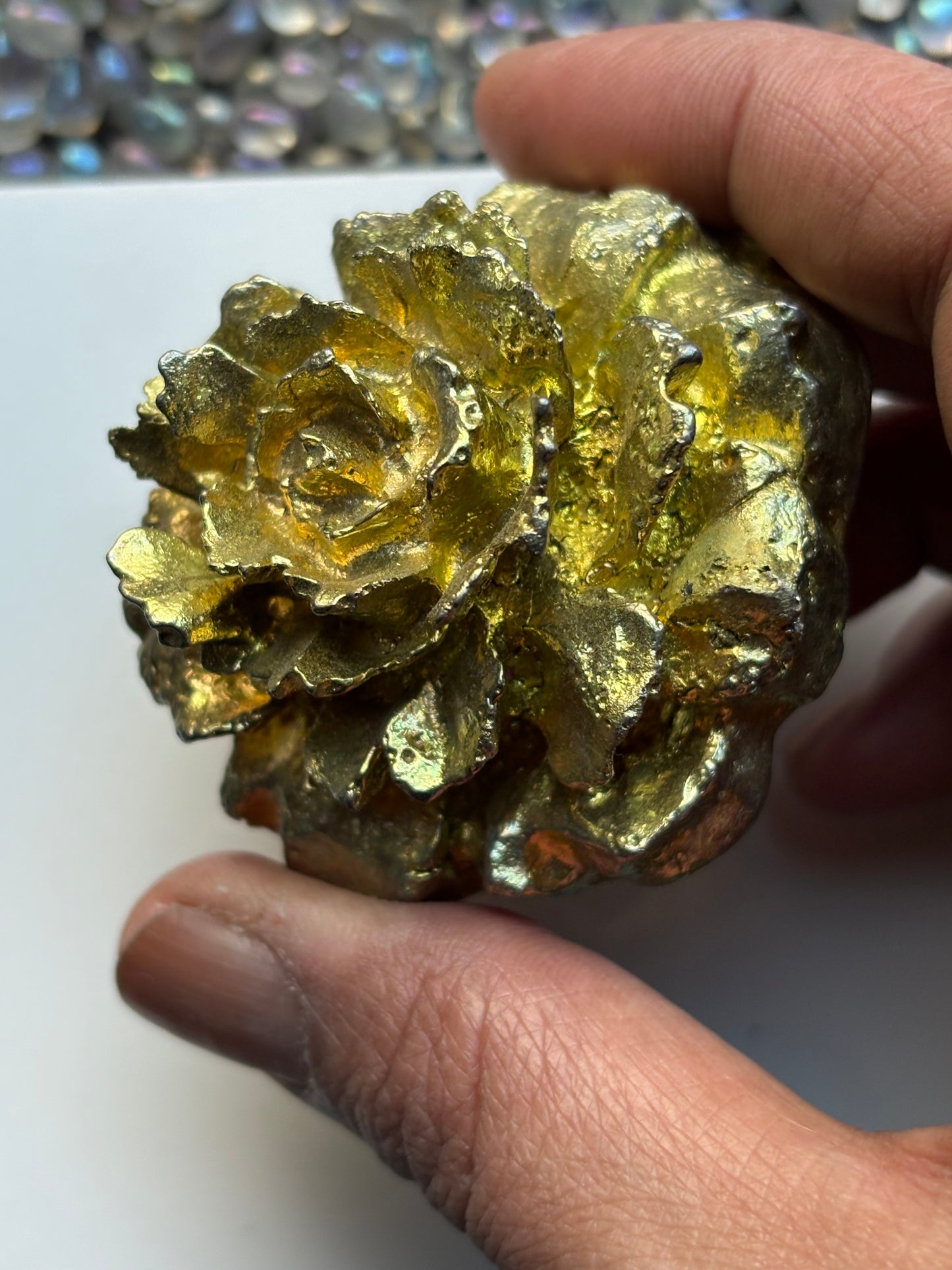 Gold Bismuth Crystal Rose Flower Metal Art Sculpture - Large