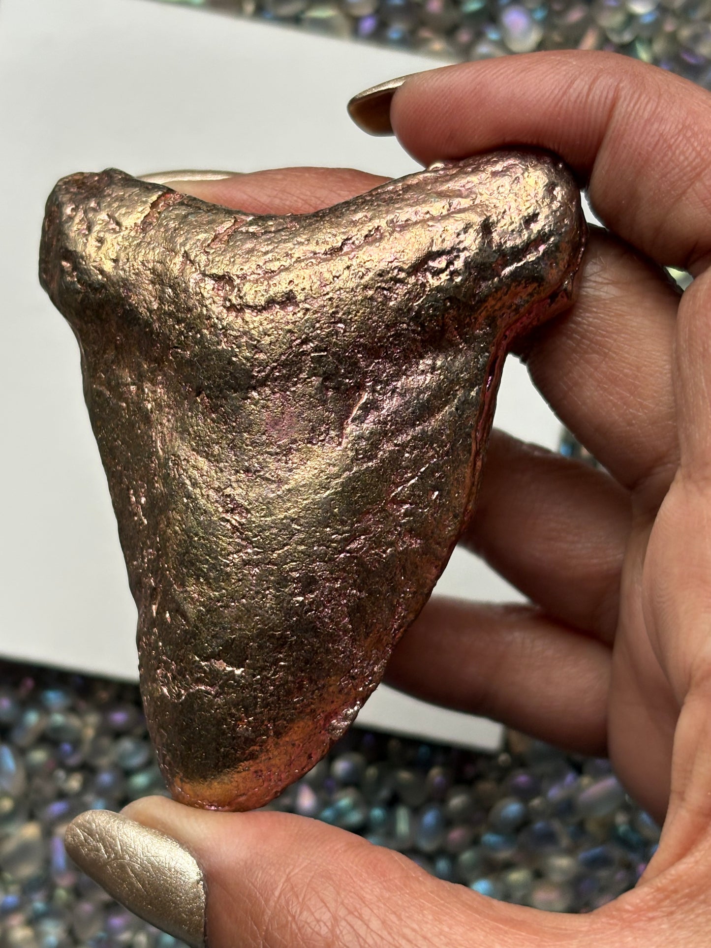 Pink Bismuth Crystal Megalodon Fossil Shark Tooth Metal Art Sculpture