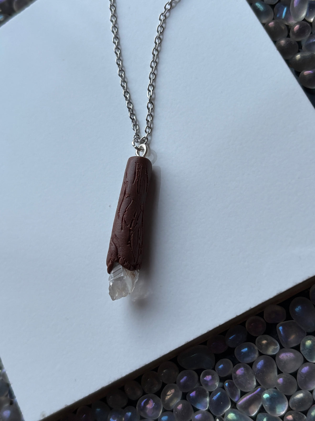 Scottish Quartz Crystal Gemstone Clay Wooden Wand Necklace (1)