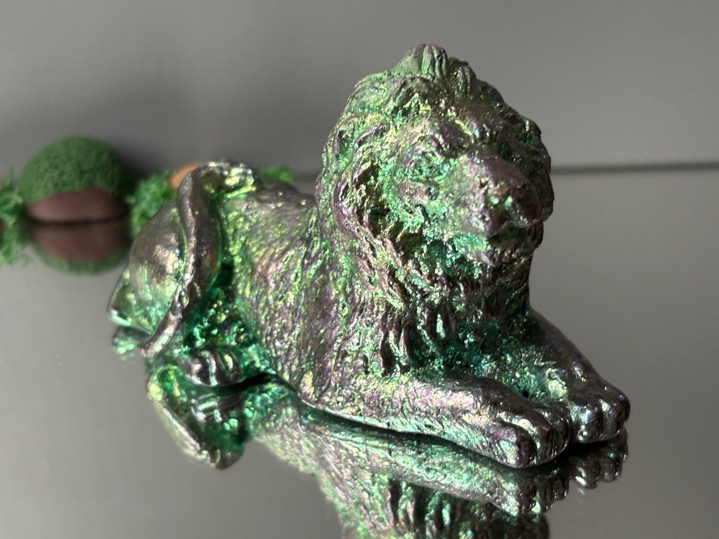 Teal Bismuth Crystal Lion Metal Art Sculpture