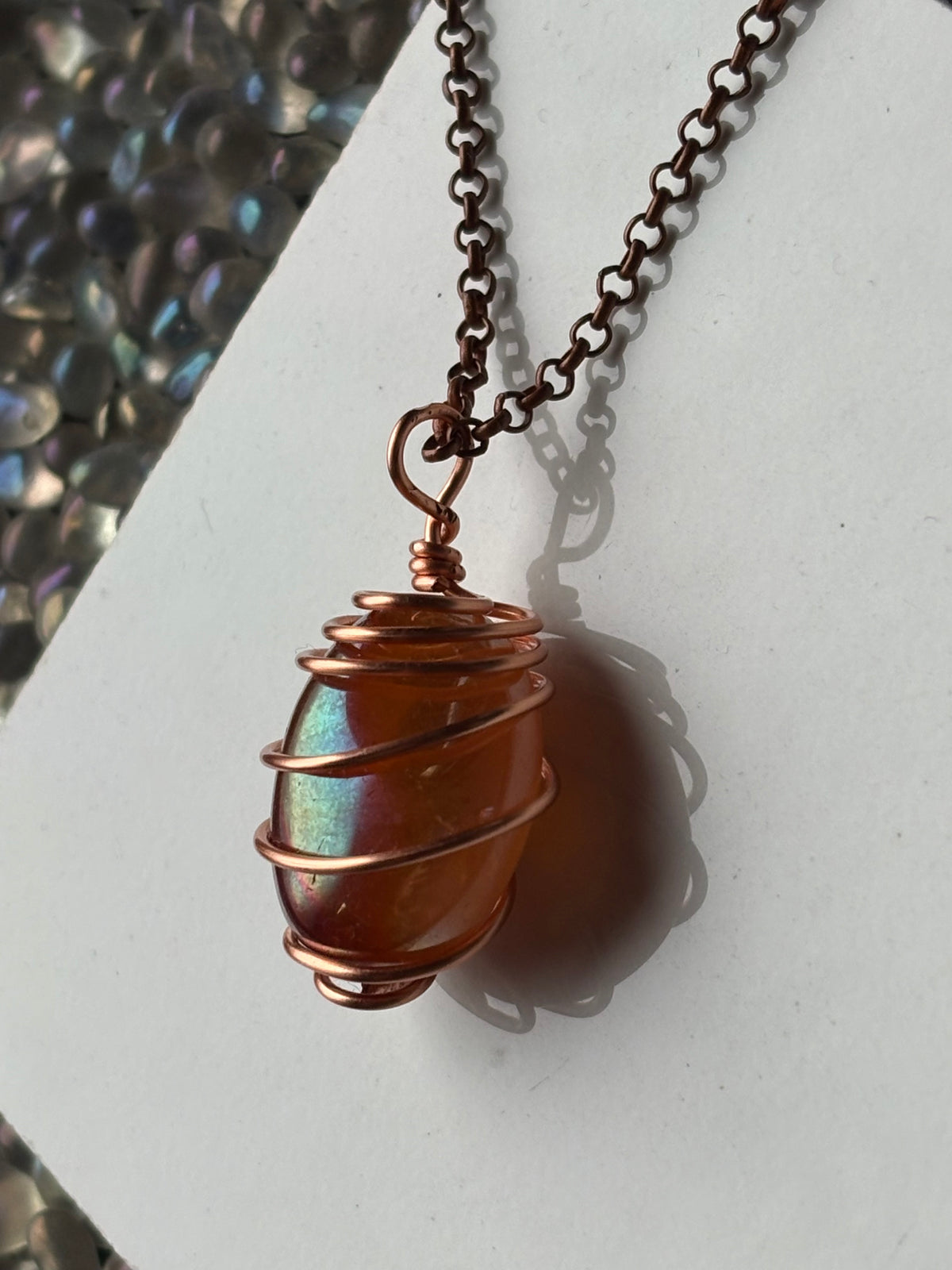 Tangerine Aura Quartz Gemstone Crystal Spiral Copper Wire Necklace