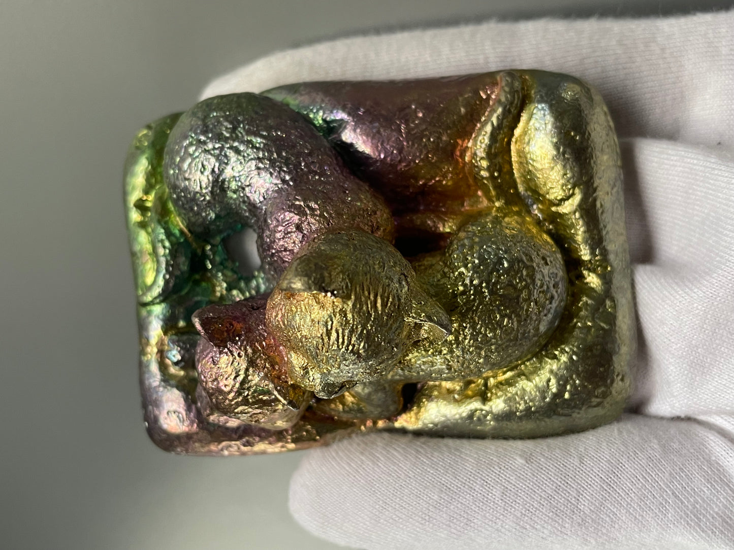 Rainbow Bismuth Crystal Sleeping Cats Metal Art Sculpture