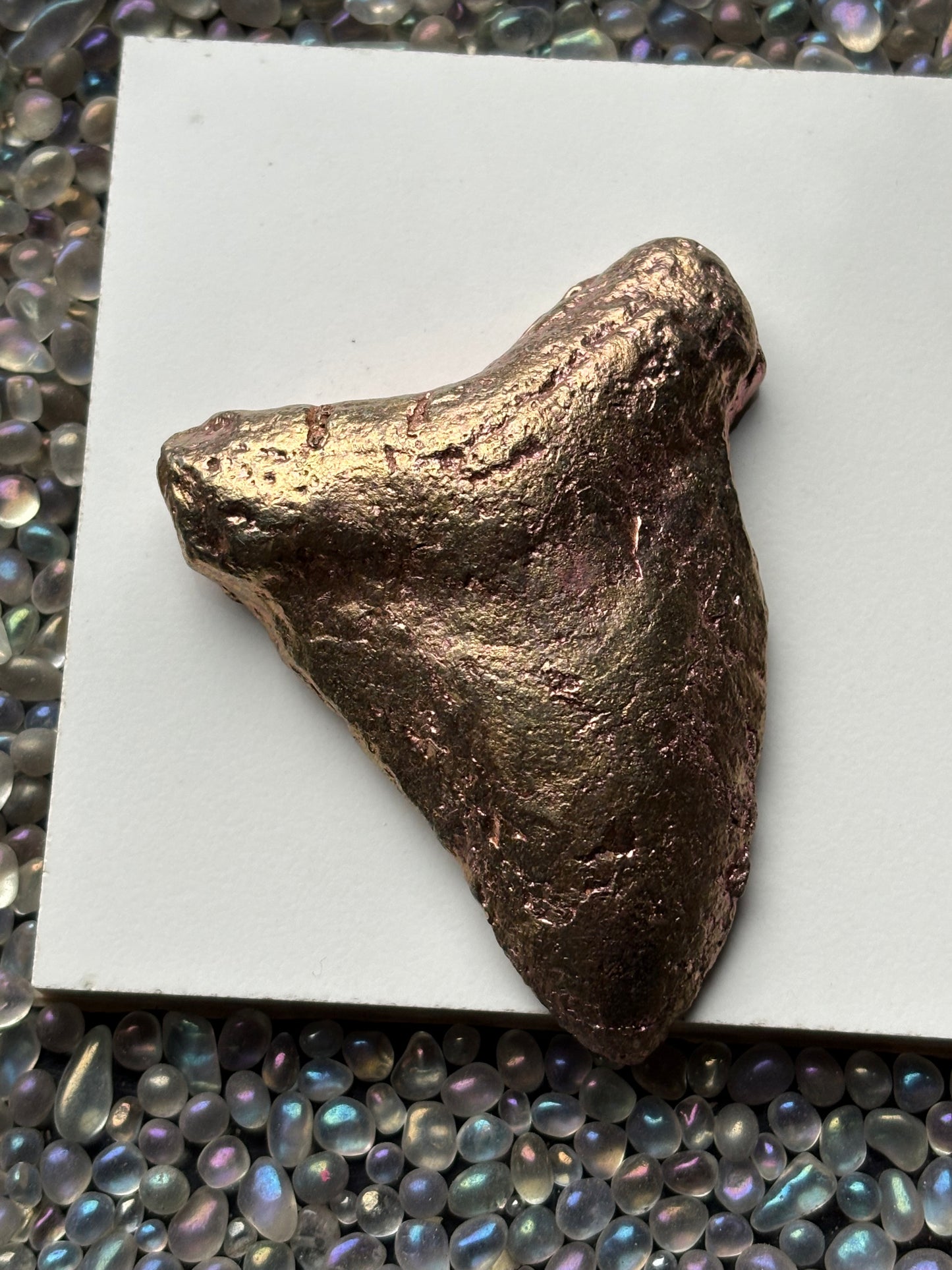 Pink Bismuth Crystal Megalodon Fossil Shark Tooth Metal Art Sculpture