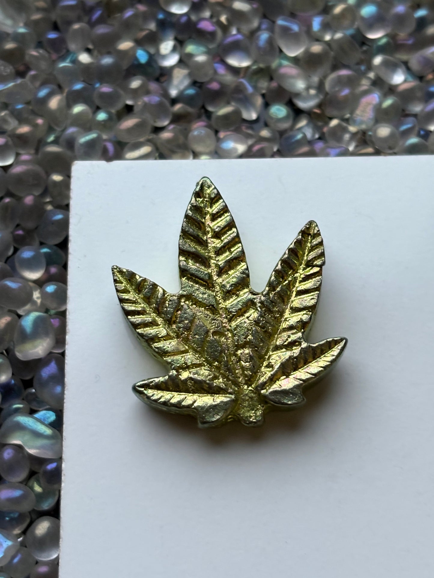 Lime Gold Colour Bismuth Crystal Pot Leaf Sculpture