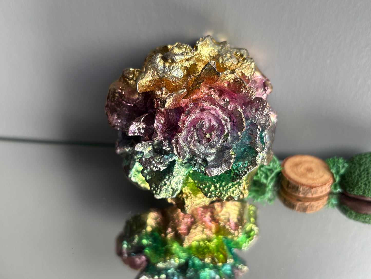 Rainbow Bismuth Crystal Rose Flower Metal Art Sculpture - Large