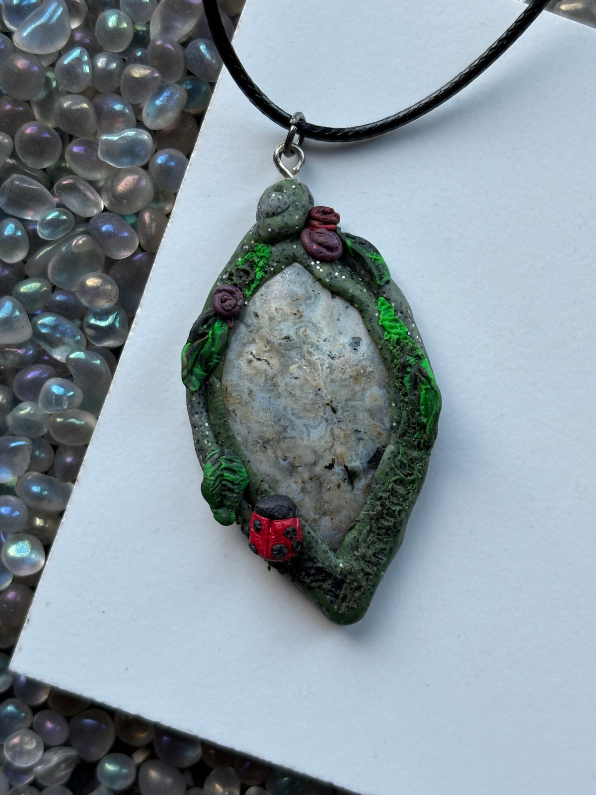 Ocean Jasper Gemstone Crystal Enchanted Garden - Ladybug Necklace - Oval