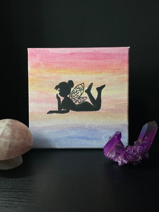 Enchanted Fairy Silhouette Sunset Watercolour Canvas Painting