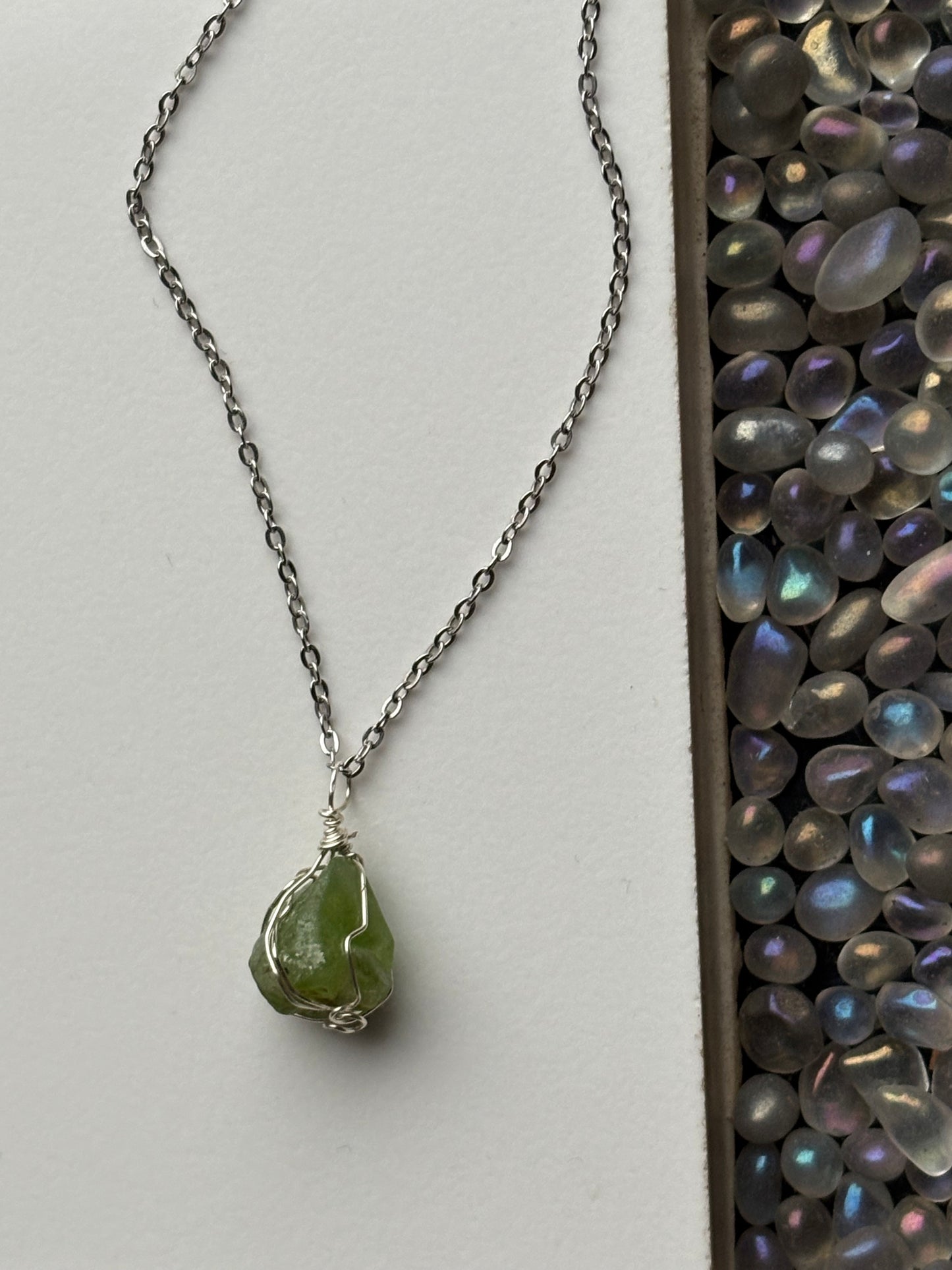 Peridot Rough Part Terminated Gemstone Crystal Wire Wrap Necklace