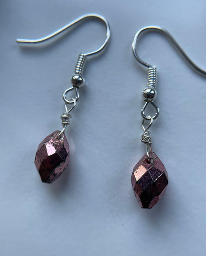 Pink Pyrite Crystal Gemstone Faceted Drop Earrings