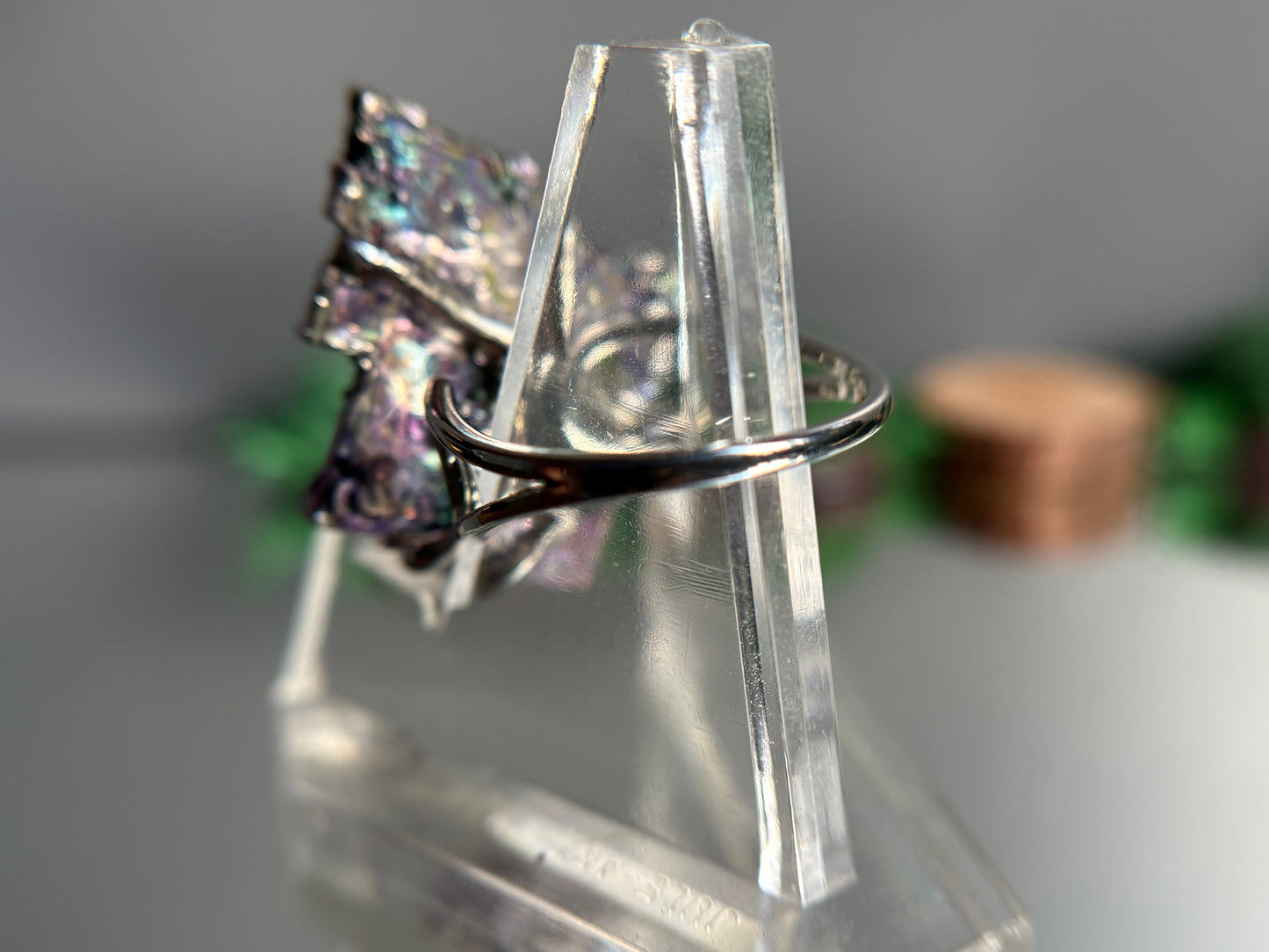 Bismuth Rose Crystal Metal Art Silver Ring