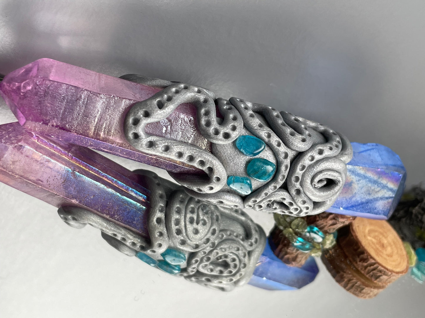 Purple Blue Aura Quartz & Apatite Crystal Gemstone Clay Wand