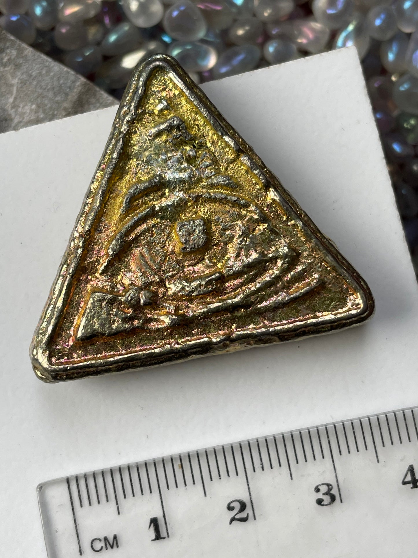 Gold Bismuth Crystal Illuminati Triangle Metal Art Sculpture