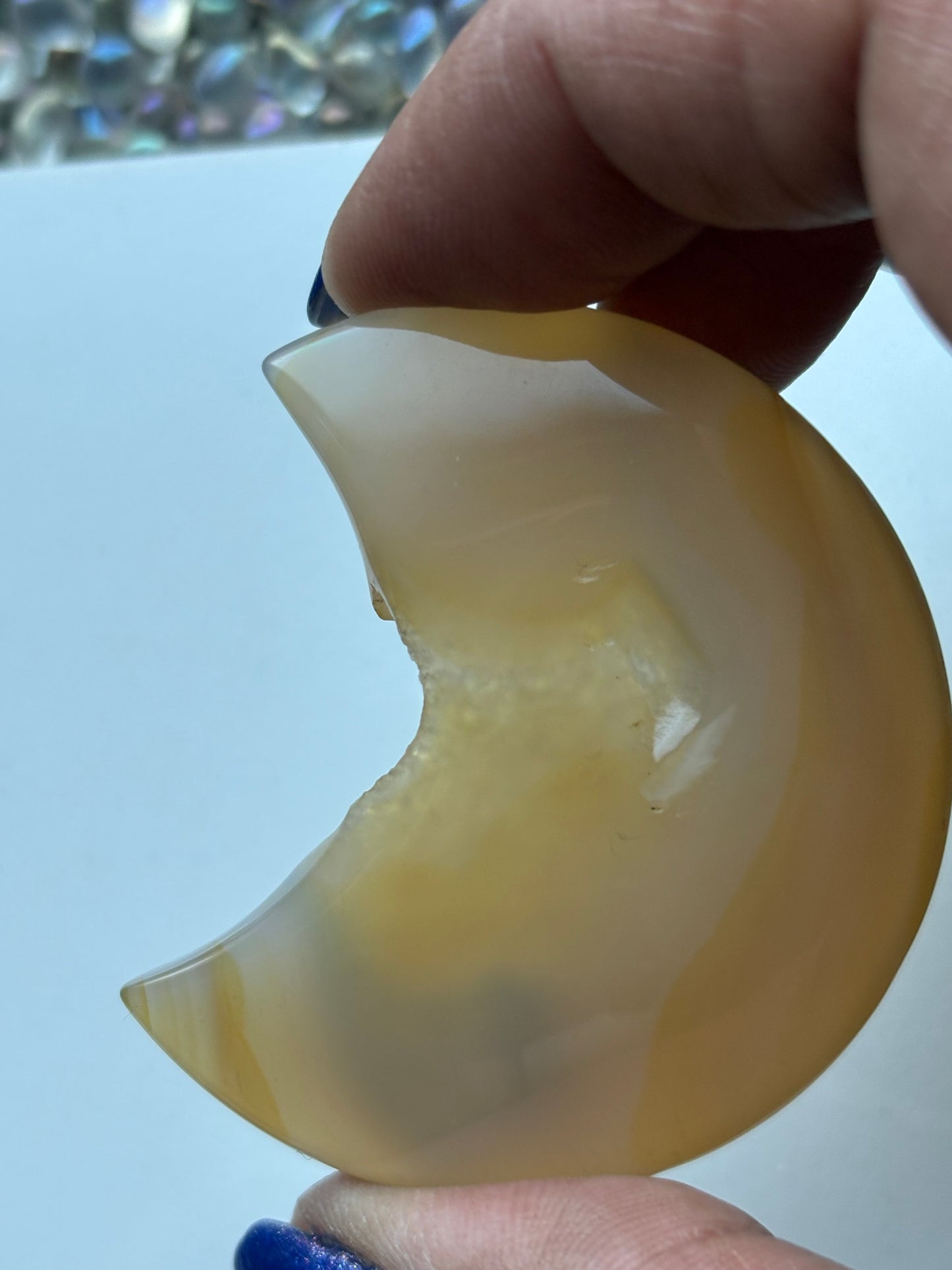 Cream Yellow Druzy Agate Gemstone Crystal Crescent Moon Carving