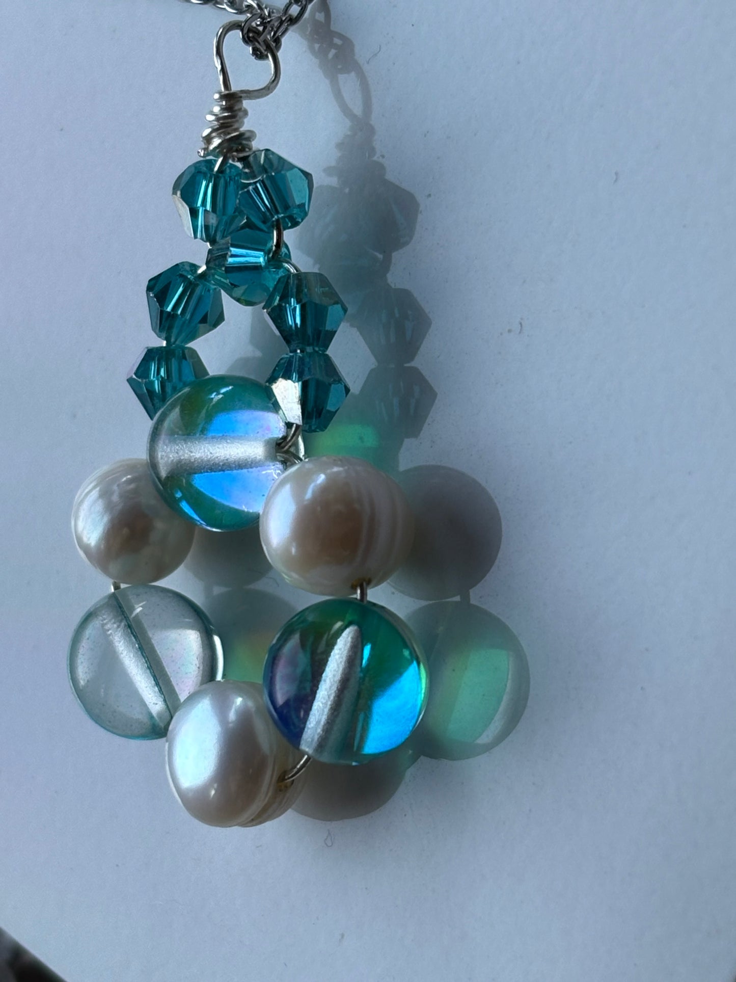 Aqua Aura Quartz & Pearl Gemstone Crystal Pendant Necklace
