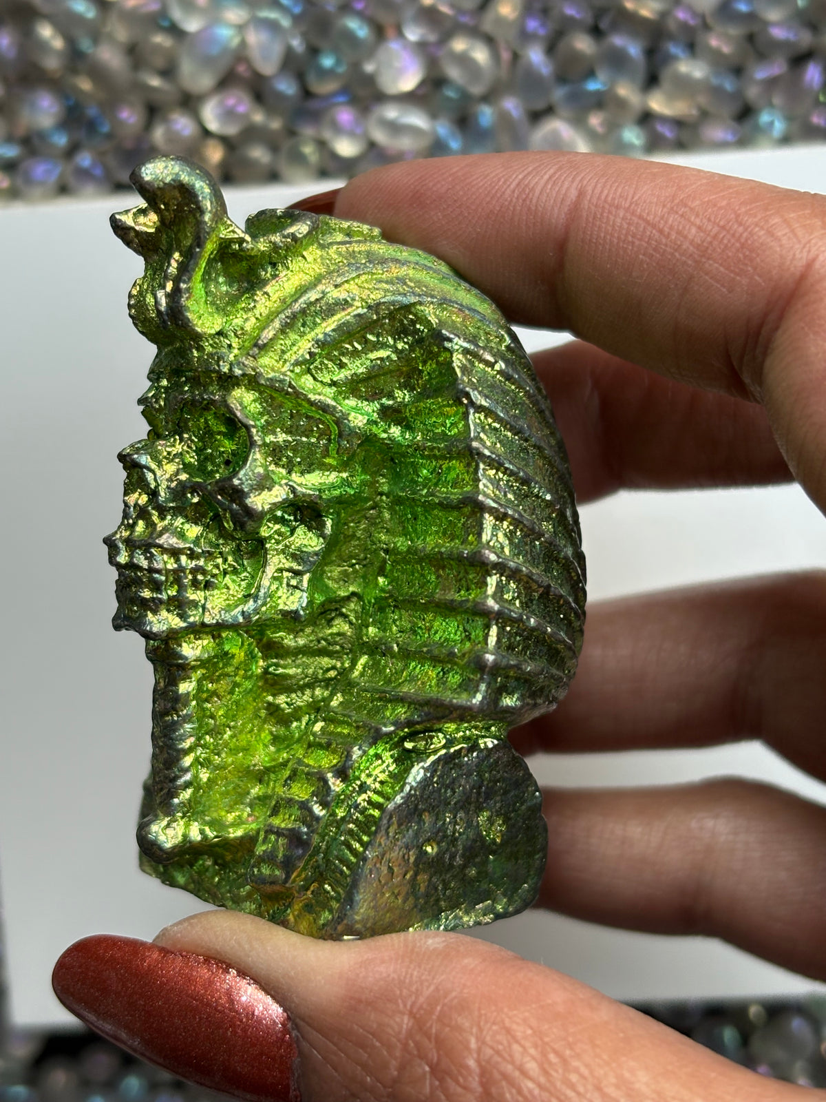 Green Bismuth Crystal King Tutankhamen Skull Metal Art Sculpture