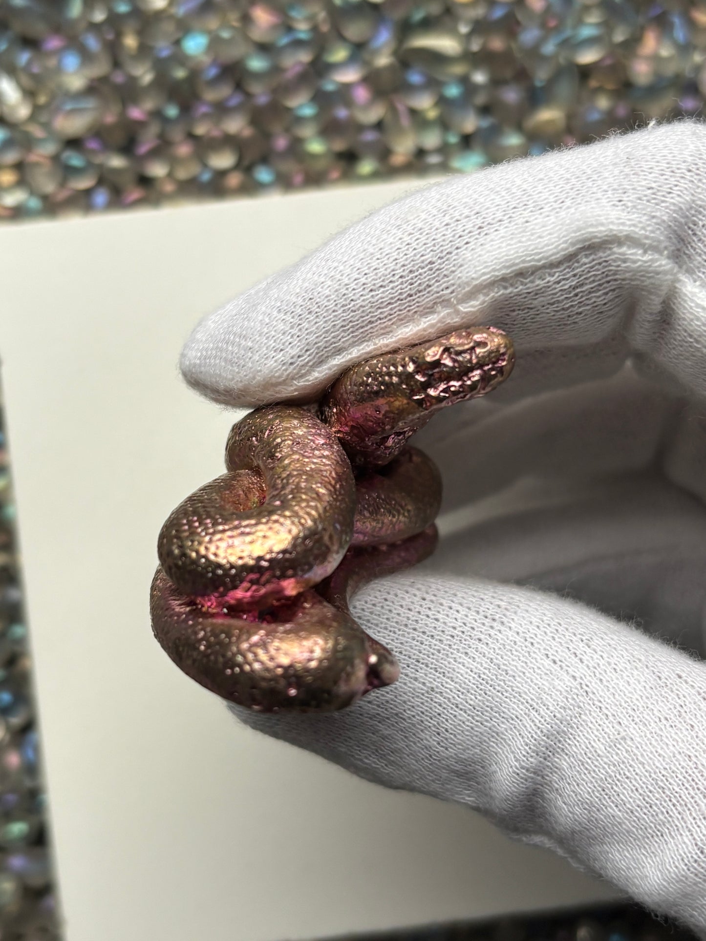 Pink Bismuth Crystal Coil Snake Metal Art Sculpture