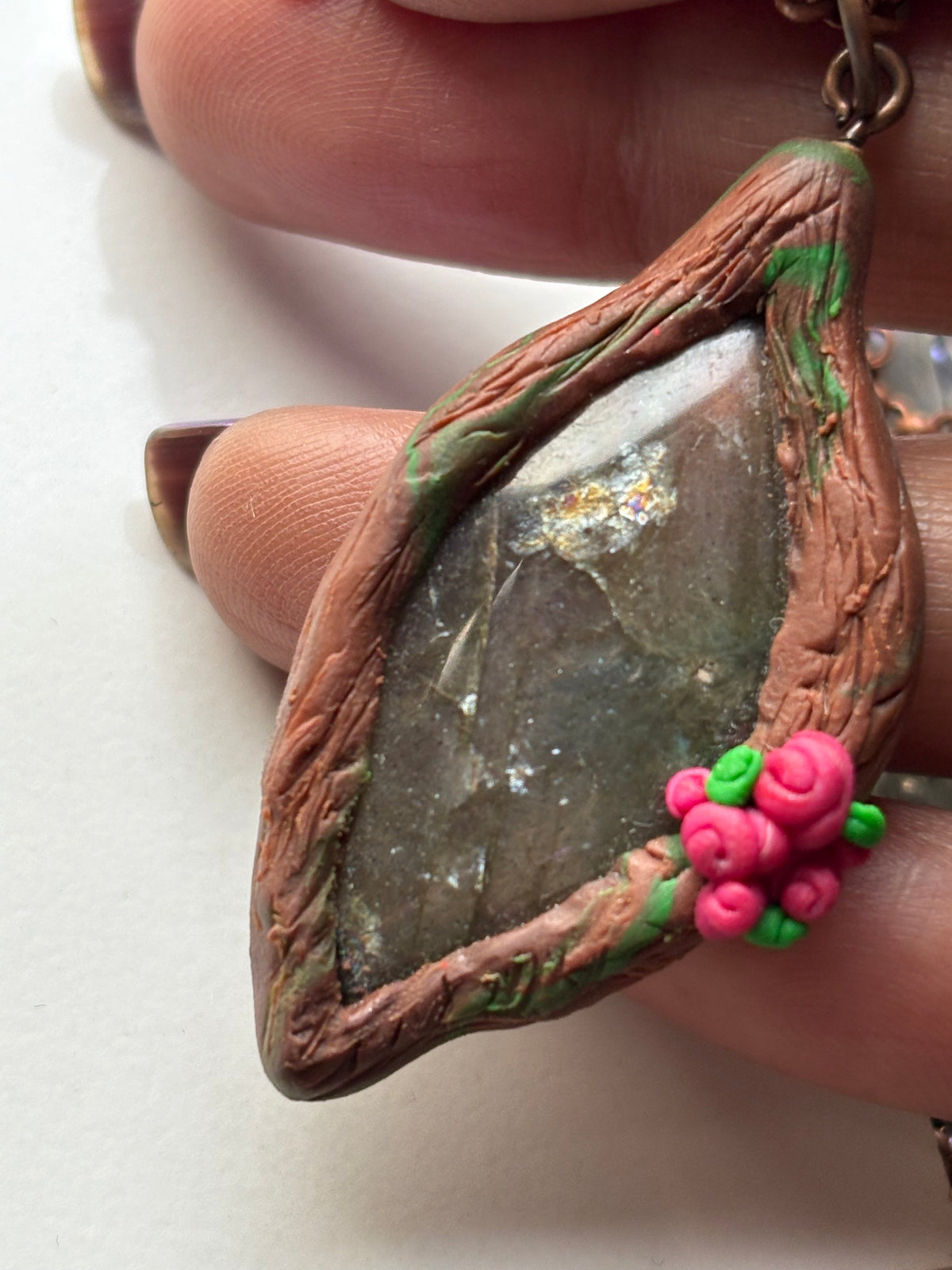 Purple Labradorite Crystal Gemstone Enchanted Rose Forest Clay Pendant Necklace