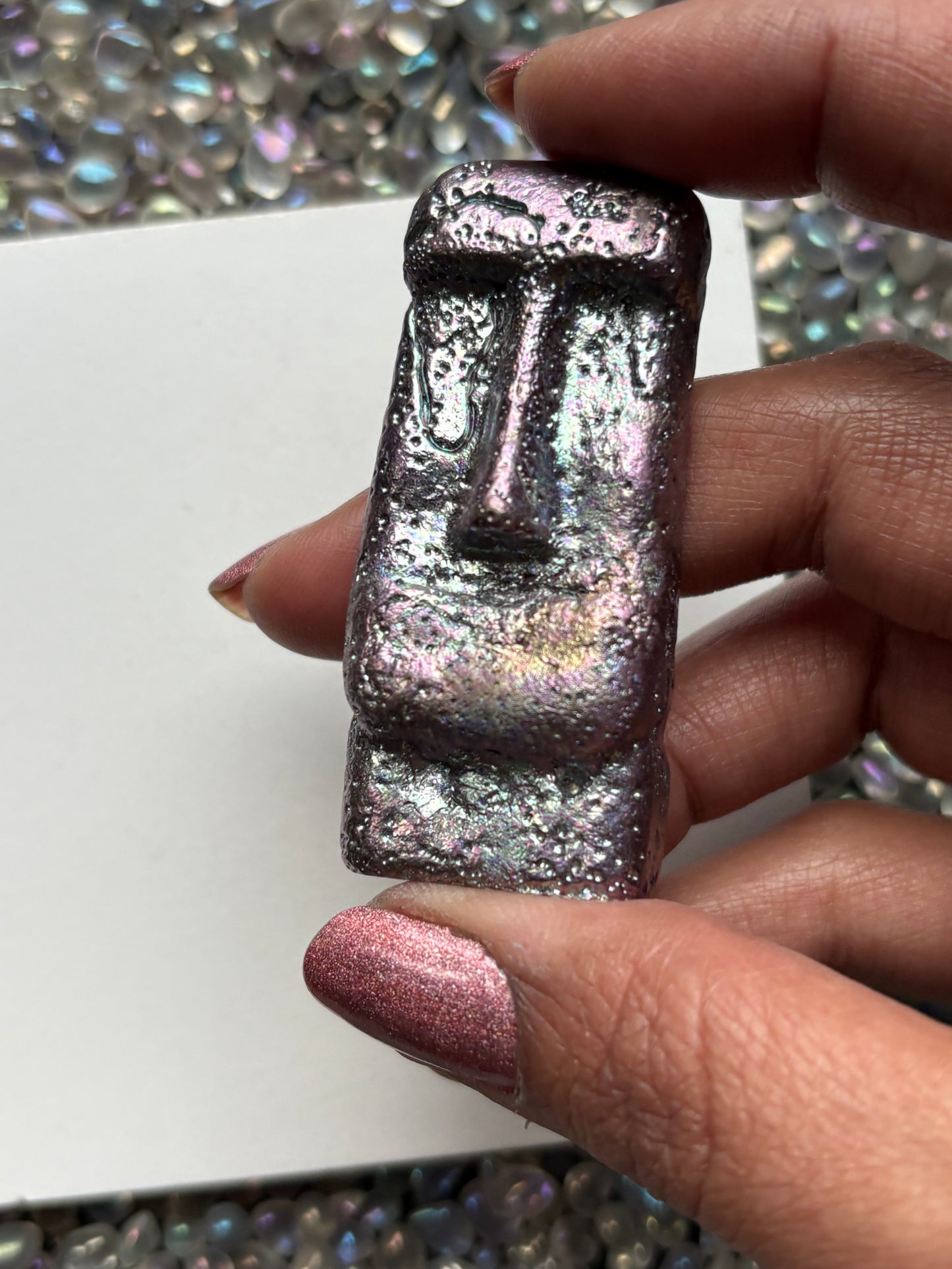 Purple Bismuth Crystal Moai Head Easter Island Metal Art Sculpture