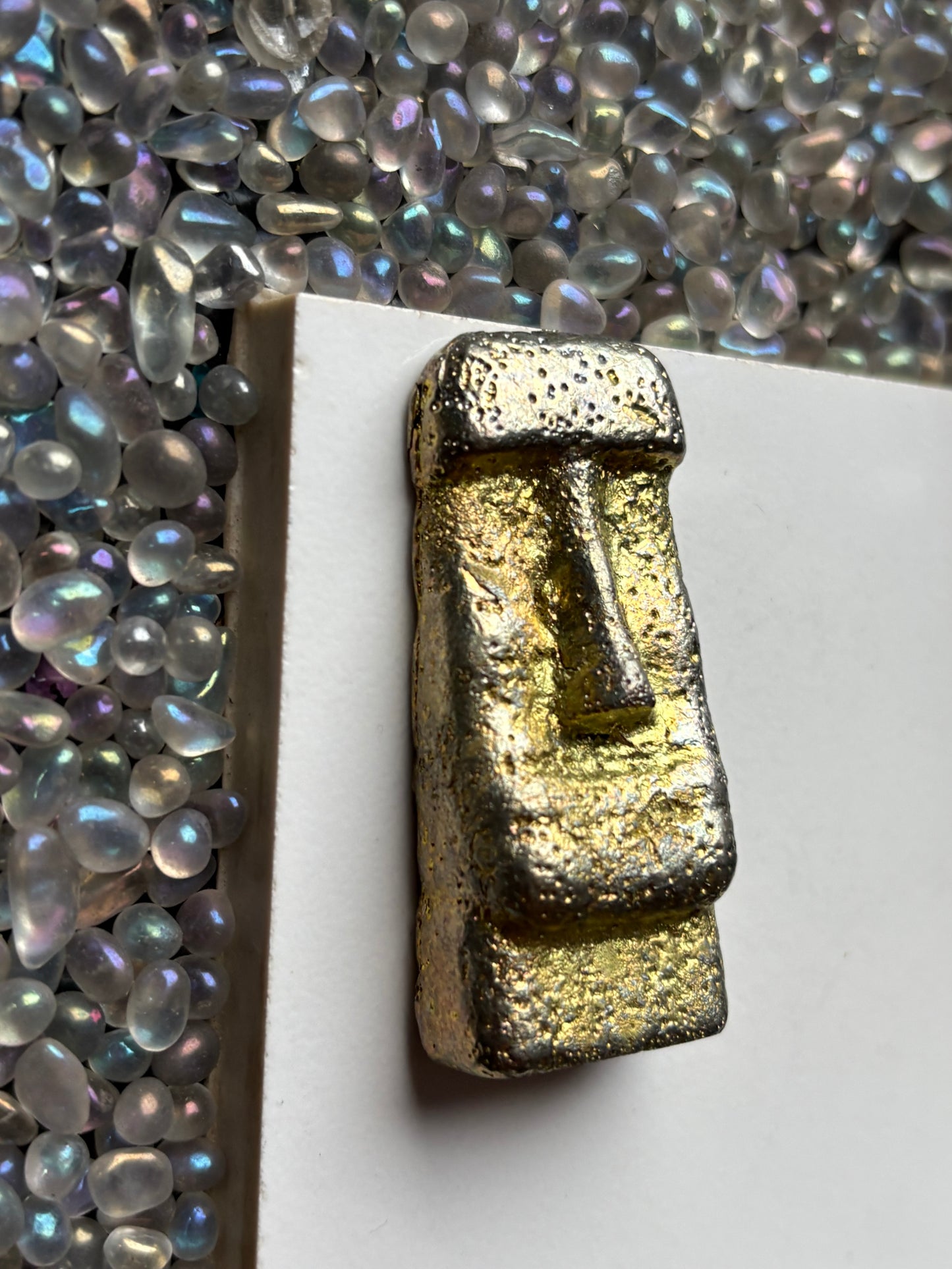 Gold Bismuth Crystal Moai Head Easter Island Metal Art Sculpture
