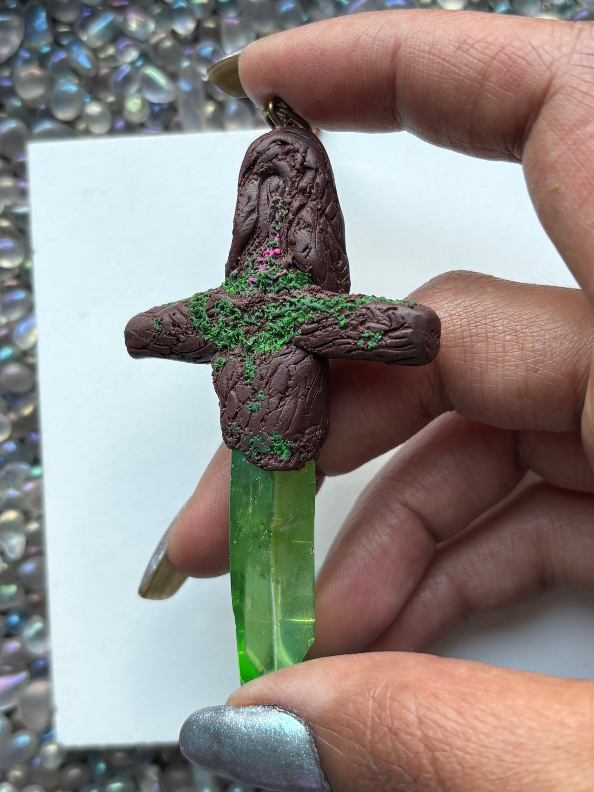 Green Aura Quartz Crystal Gemstone Enchanted Forest Sword Necklace