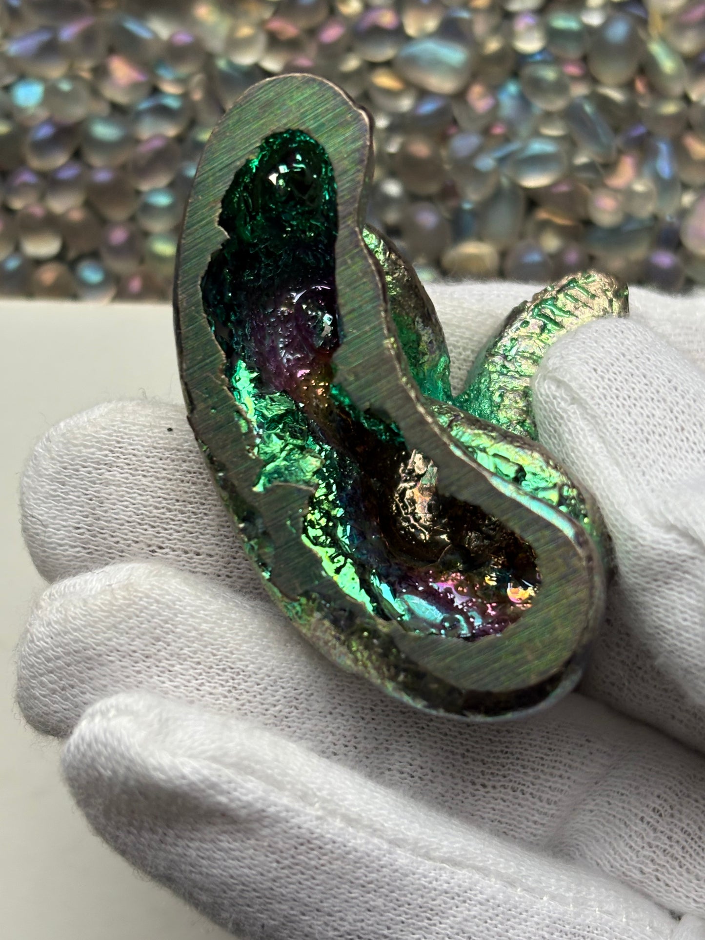 Teal Bismuth Crystal Coil Snake Metal Art Sculpture