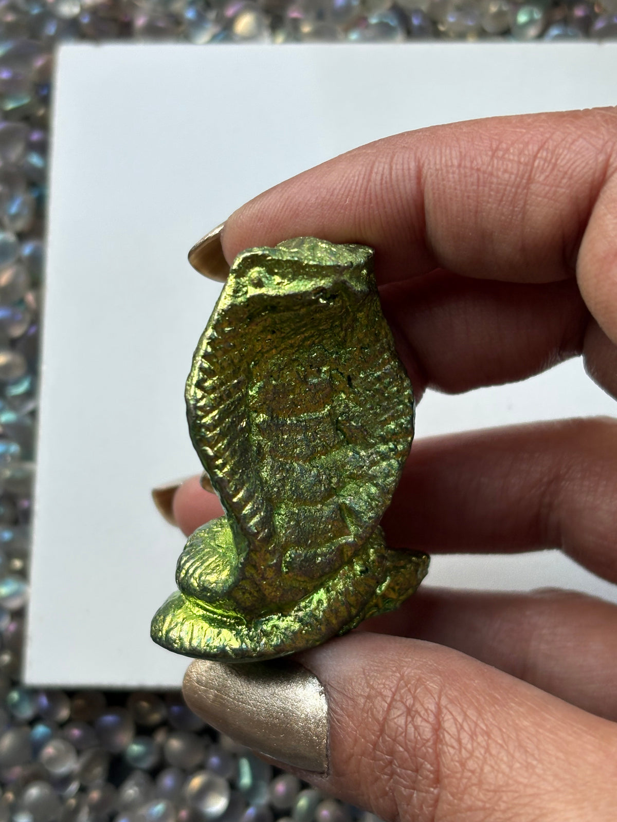 Green Bismuth Crystal Cobra Snake Metal Art Sculpture