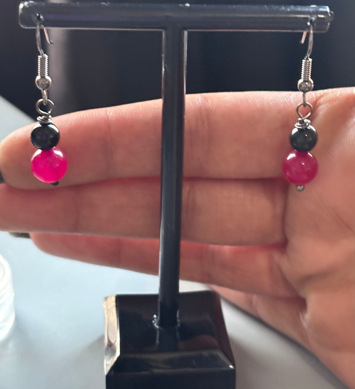 Red Quartz & Black Tourmaline Crystal Gemstone Drop Earrings