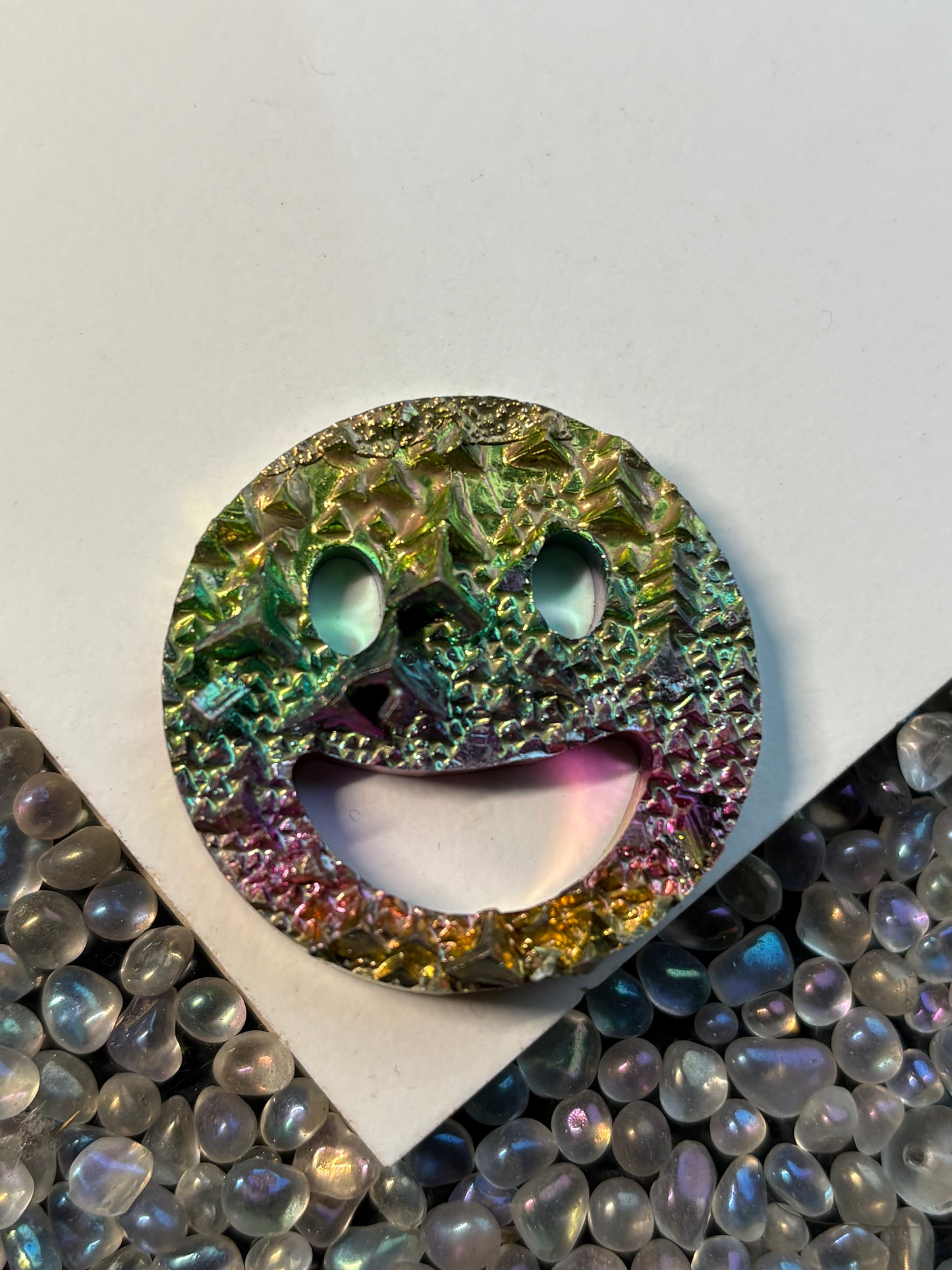 Rainbow Bismuth Crystal Smiley Face Cut Out Metal Art (C)