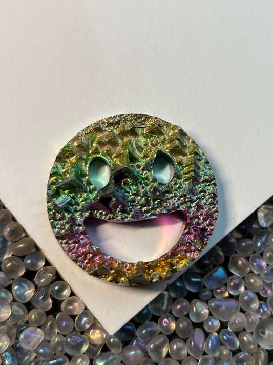 Rainbow Bismuth Crystal Smiley Face Cut Out Metal Art (C)
