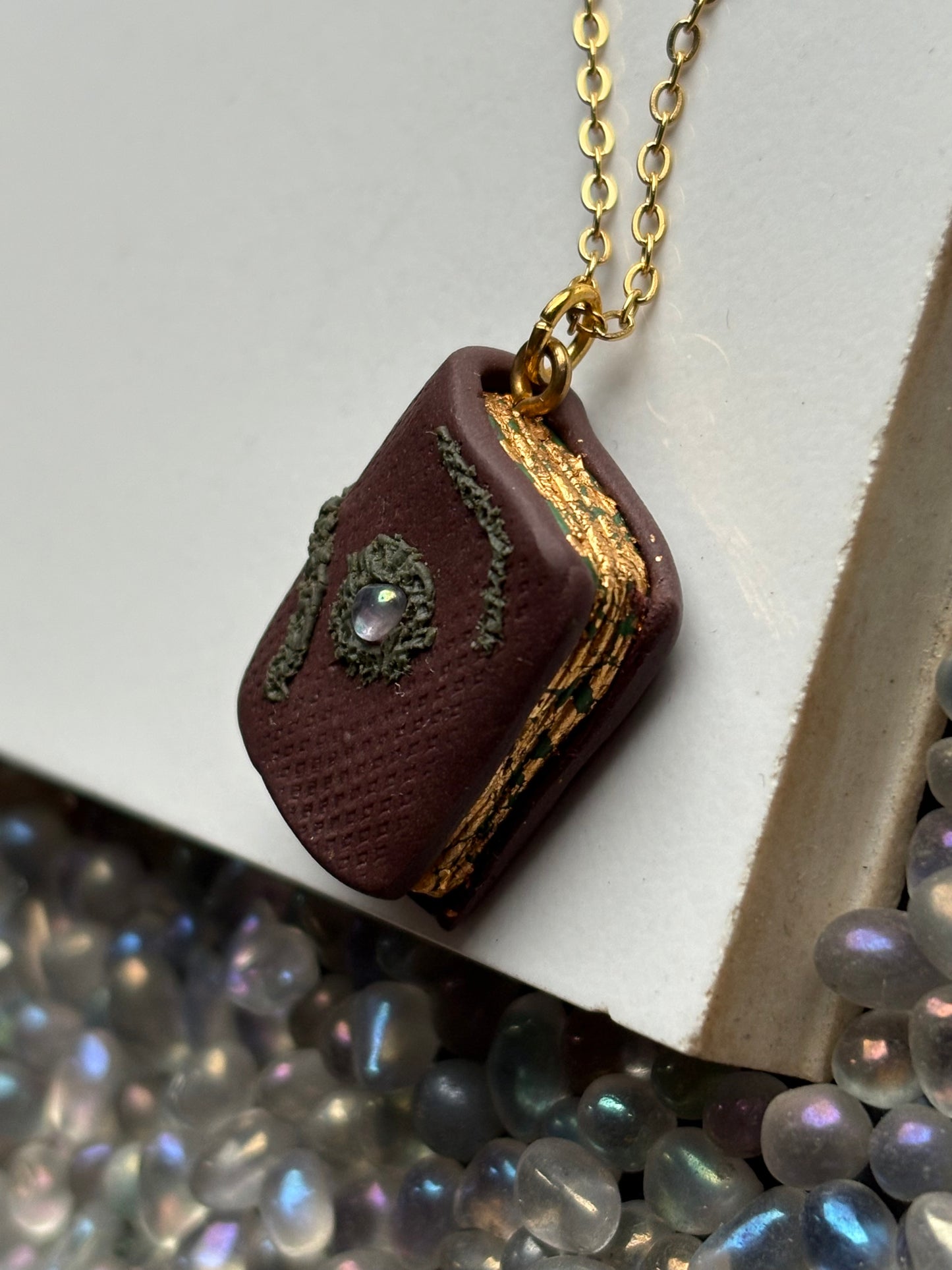 Gold Leaf Aura Quartz Crystal Gemstone Enchanted Book Necklace