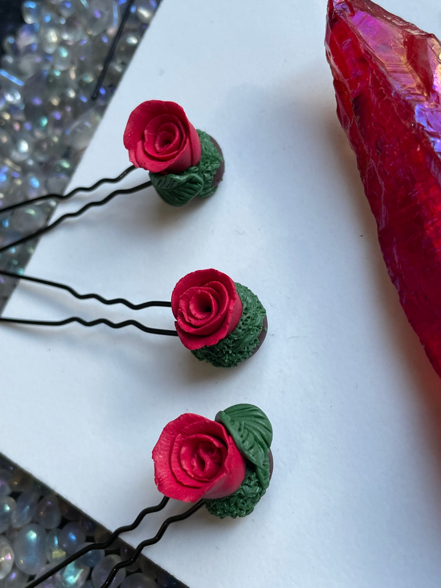 Enchanted Forest Rose Hair Pin Set - Red Glitter