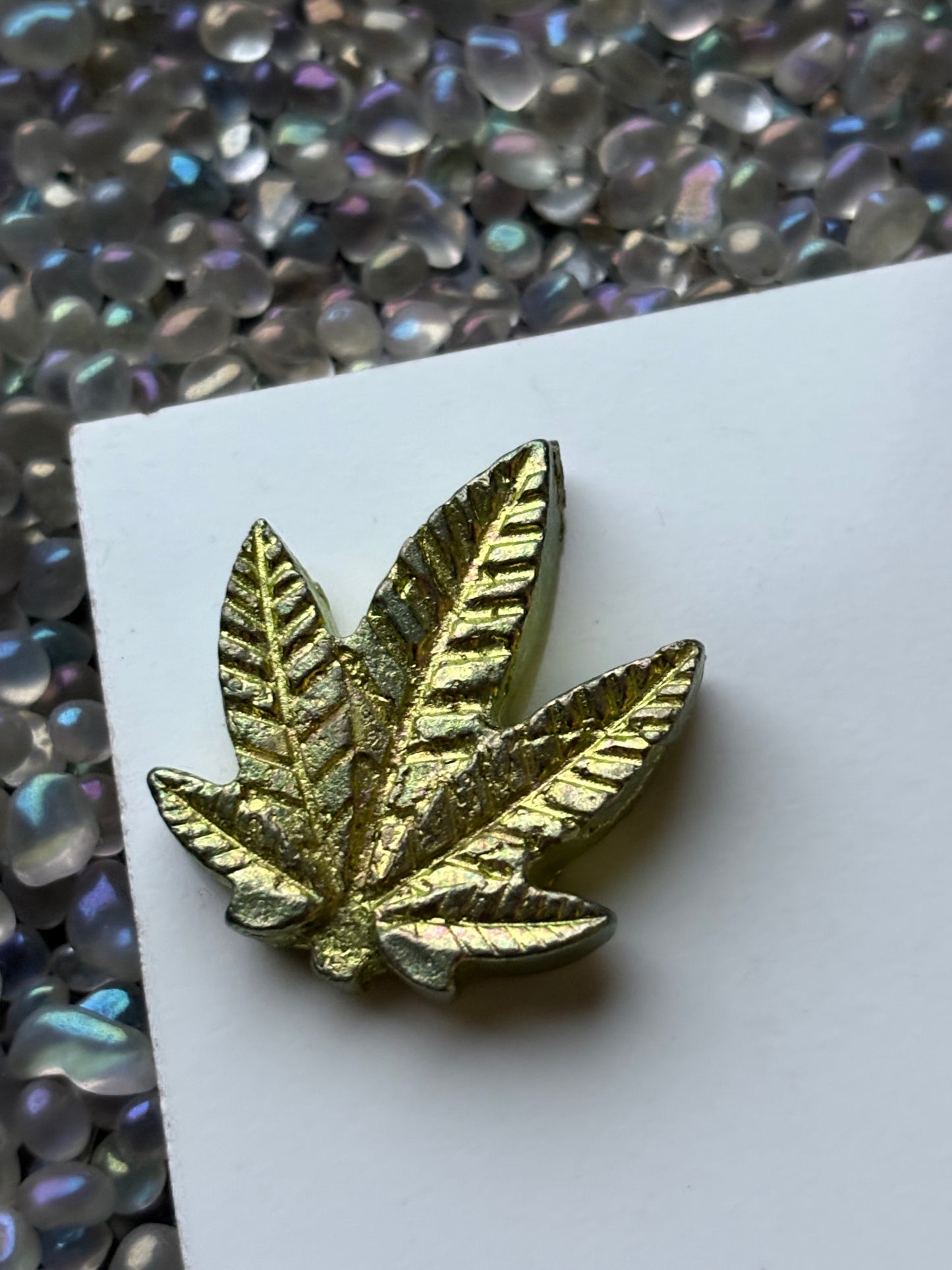 Lime Gold Colour Bismuth Crystal Pot Leaf Sculpture