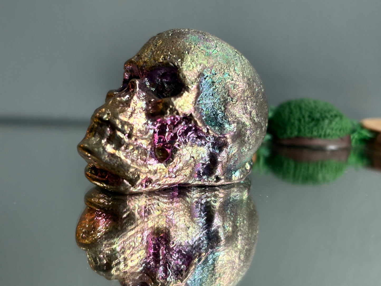 Blue Pink Bismuth Crystal Small Skull Metal Sculpture