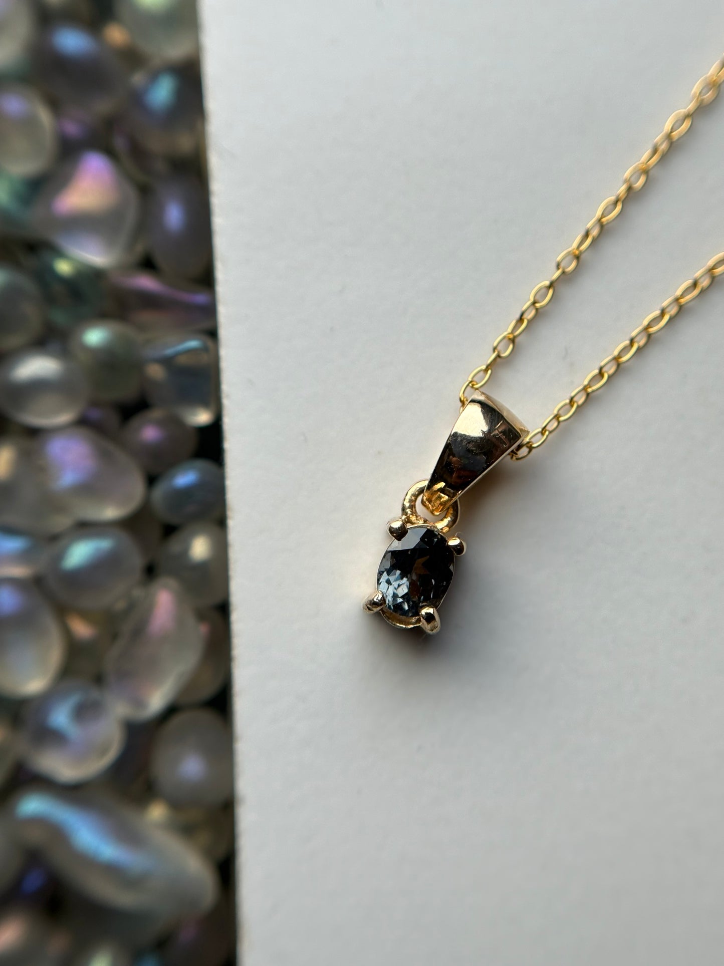 Grey Blue Spinel Oval Gemstone Gold 925 Sterling Silver Necklace
