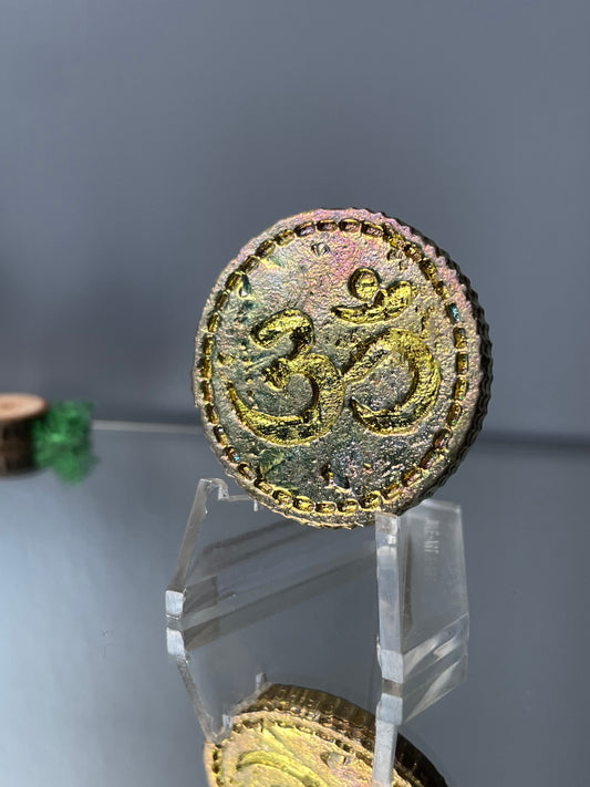 Gold Bismuth Crystal Om Coin Metal Art Sculpture