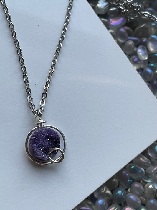 Violet Druzy Quartz Coin crystal gemstone Wire silver Necklace