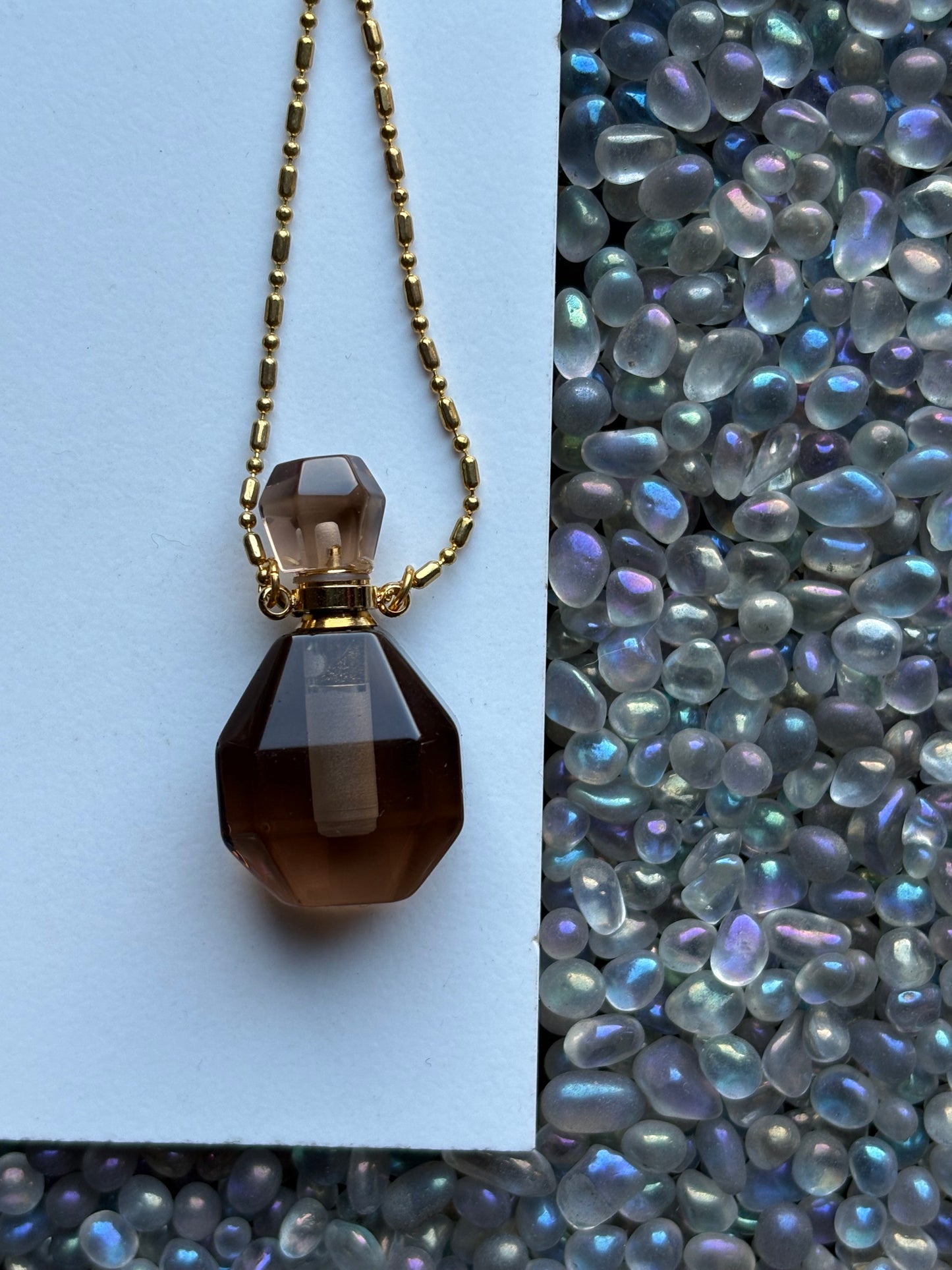 Smoky Quartz Crystal Gemstone Aromatherapy Perfume Bottle Pendant Necklace
